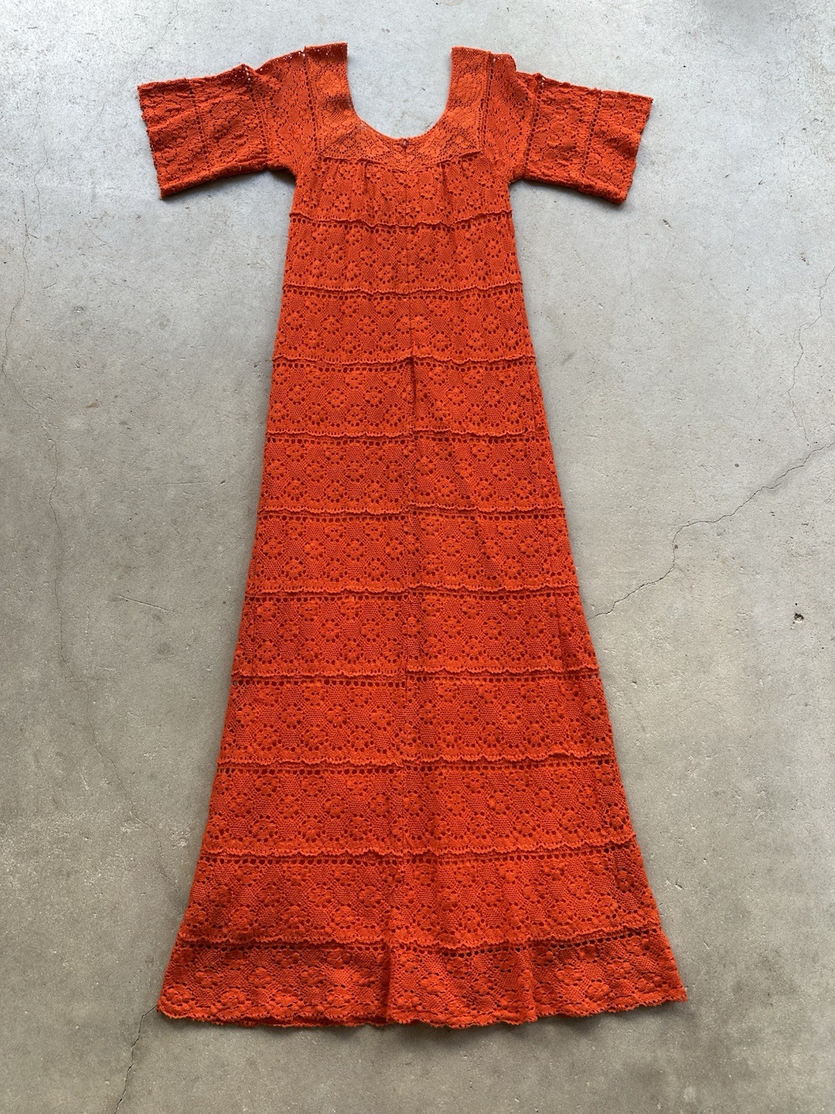 1970s Mexican Crochet Lace Maxi Dress Orange Cotton Boho Huipil XS S Vintage
