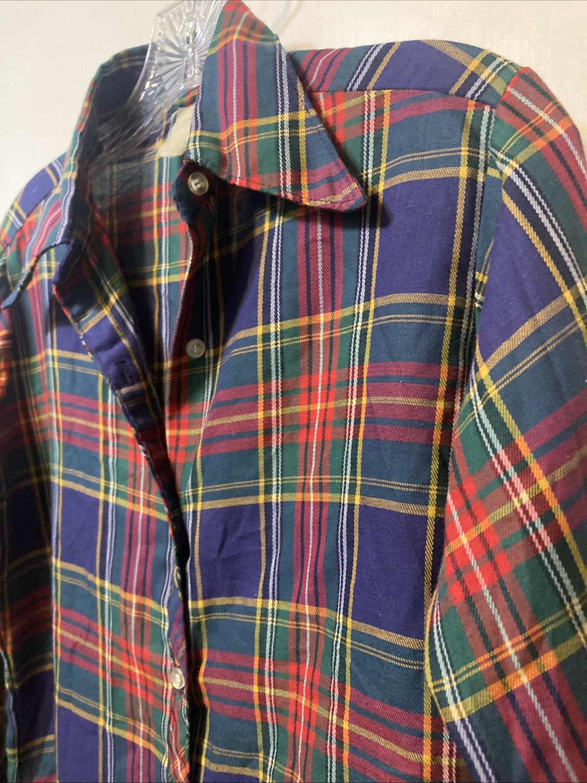 Vintage plaid 100% cotton button-down red navy green yellow white women’s 11/12