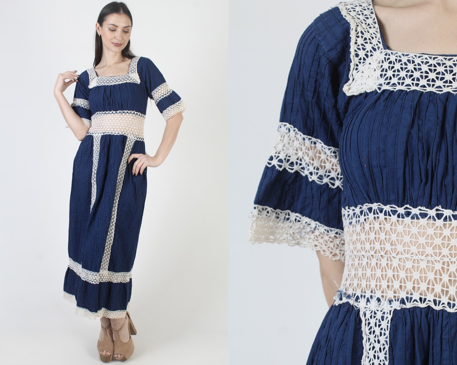 Navy Blue Bell Slv Mexican Dress Ethnic Crochet Lace Quinceanera Pintuck Maxi