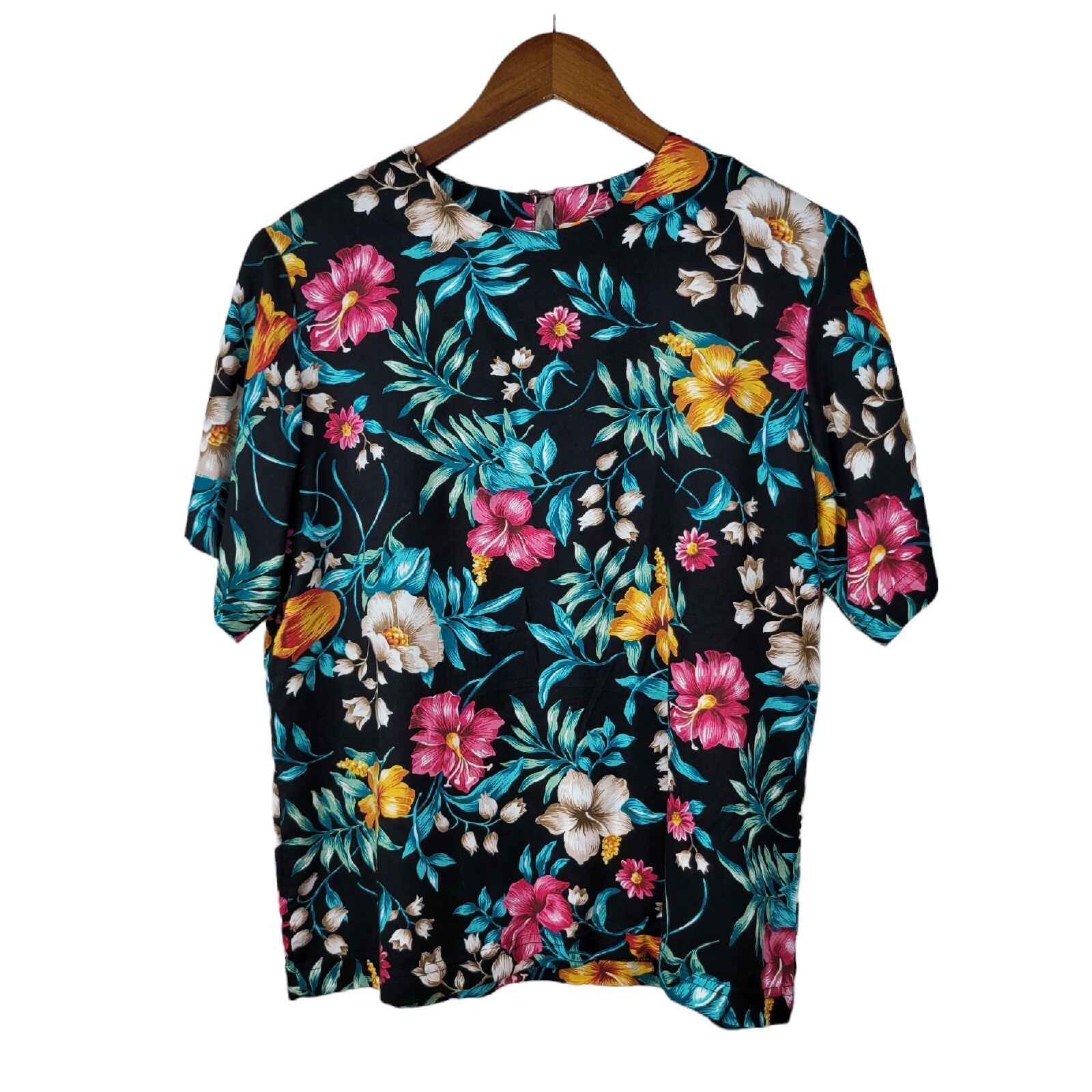 Vintage 80s Hawaiian Top Boxy Shirt floral size Medium Tropical Hibiscus Fern