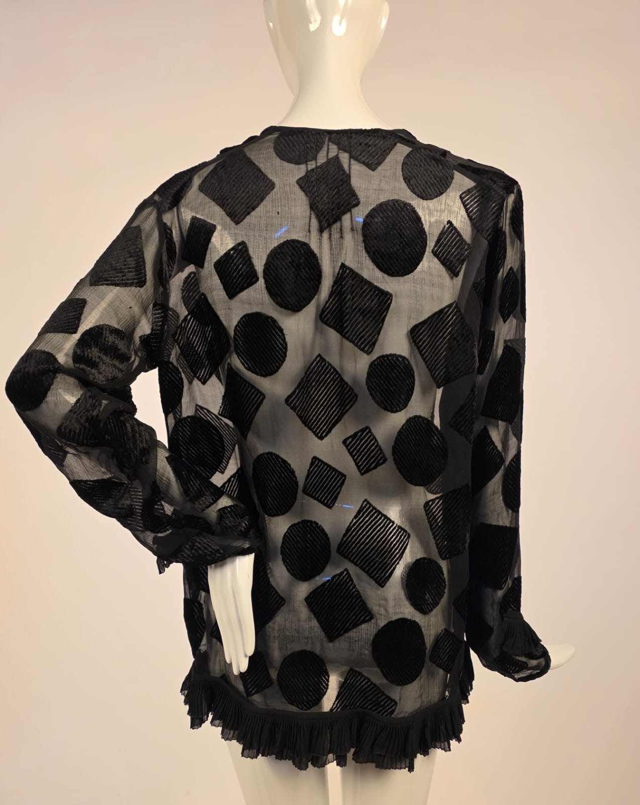 ART DECO 1920’S GEOMETRIC VOIDED BLACK VELVET JACKET W RUFFLES