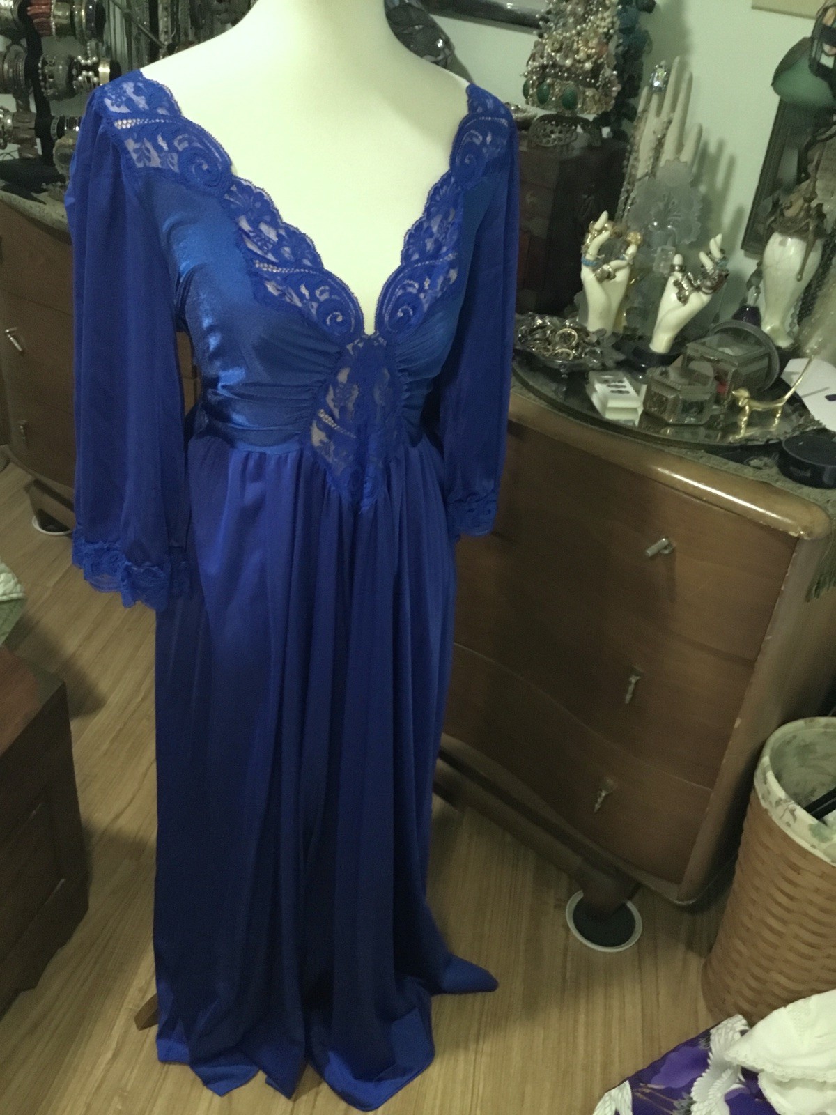 Vtg Midnight Royal Blue OLGA Peignoir Robe Full Sweep Nightgown Negligee Set