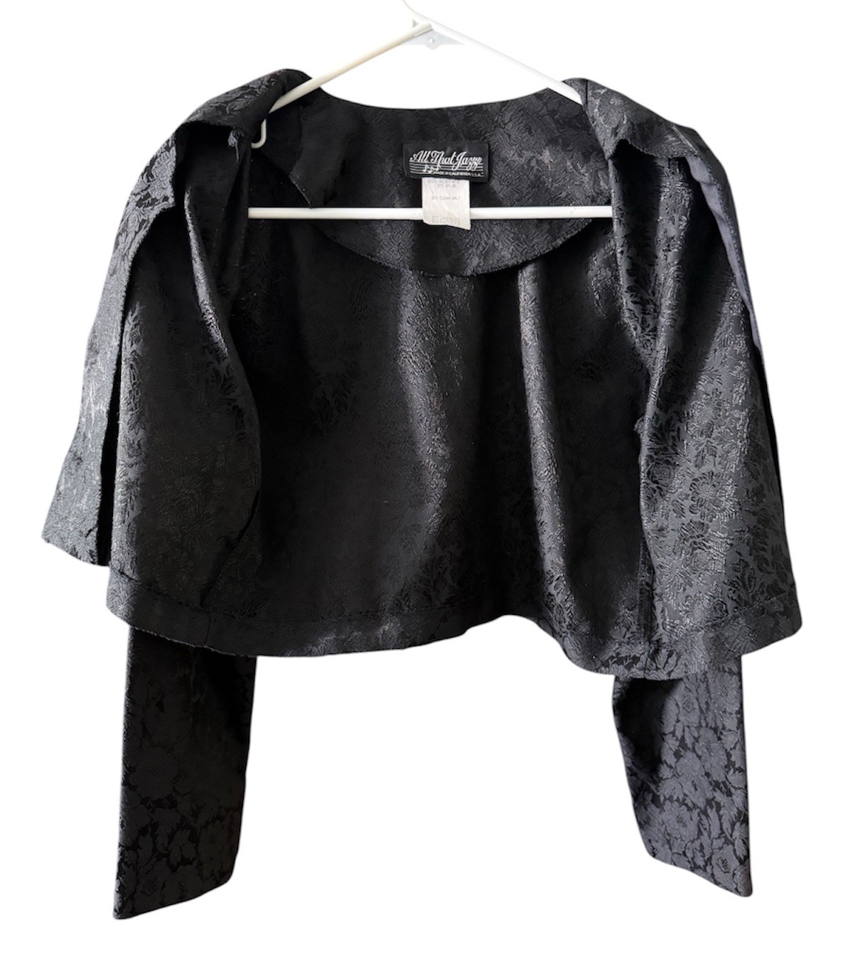 Vintage Black Jacquard Cropped Evening Jacket Floral Brocade Minimalist 90s Sz S