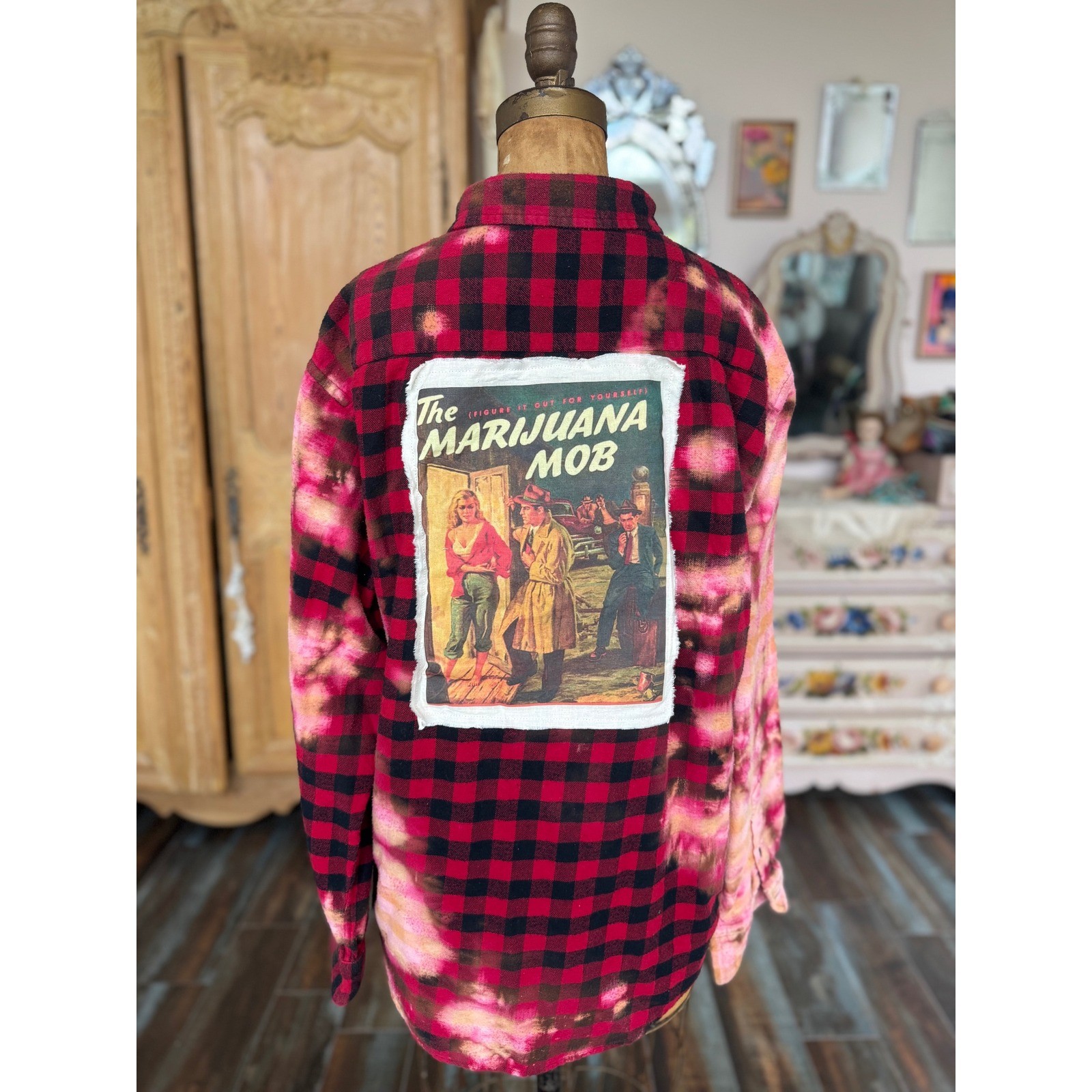 Vintage Marijuana Propaganda Flannel Bleach Dye Buffalo Plaid Shirt
