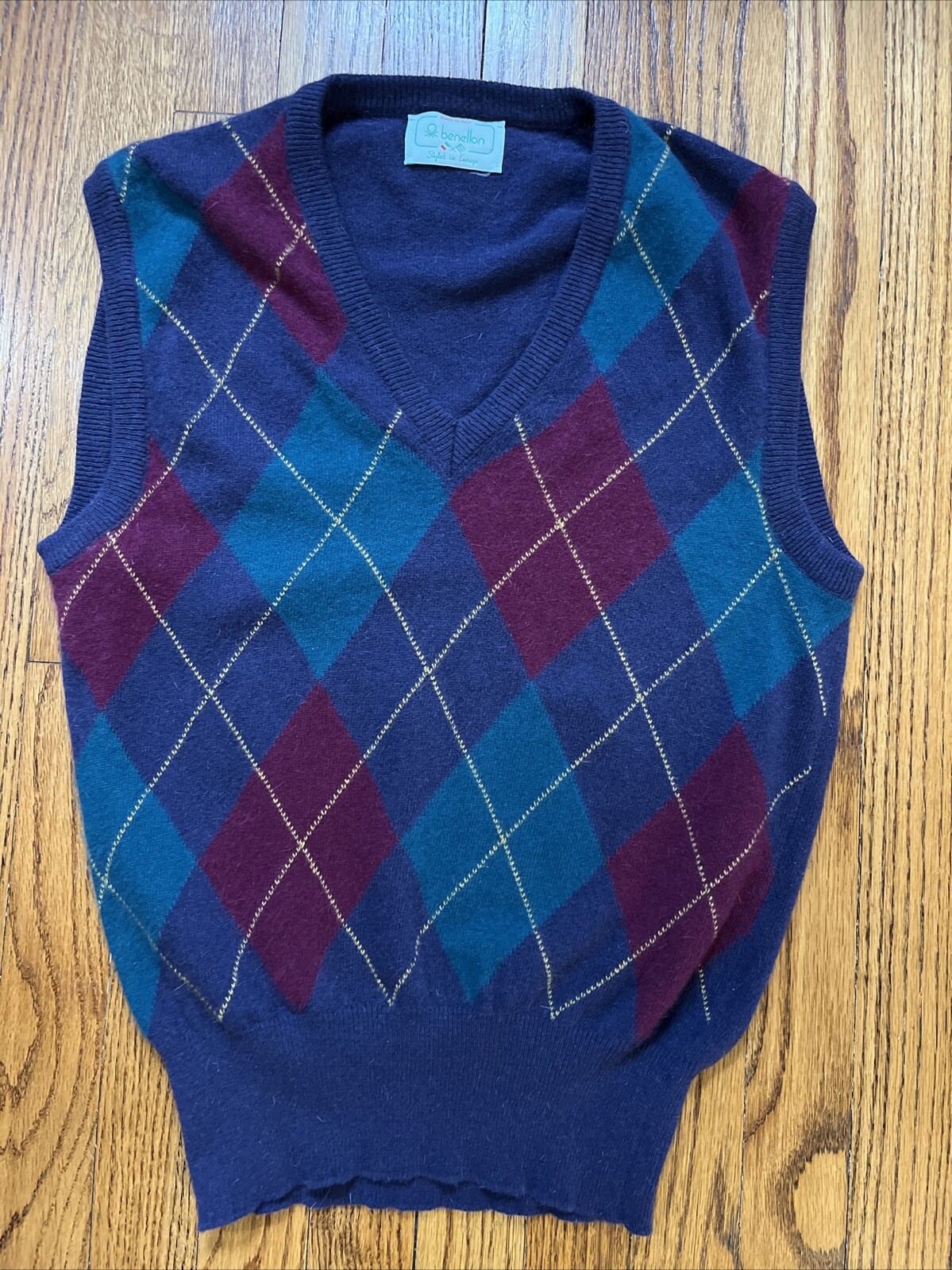 United Colors of Benetton Argyle Wool Sweater Vest VTG 80’s Preppy Grandpa Chic
