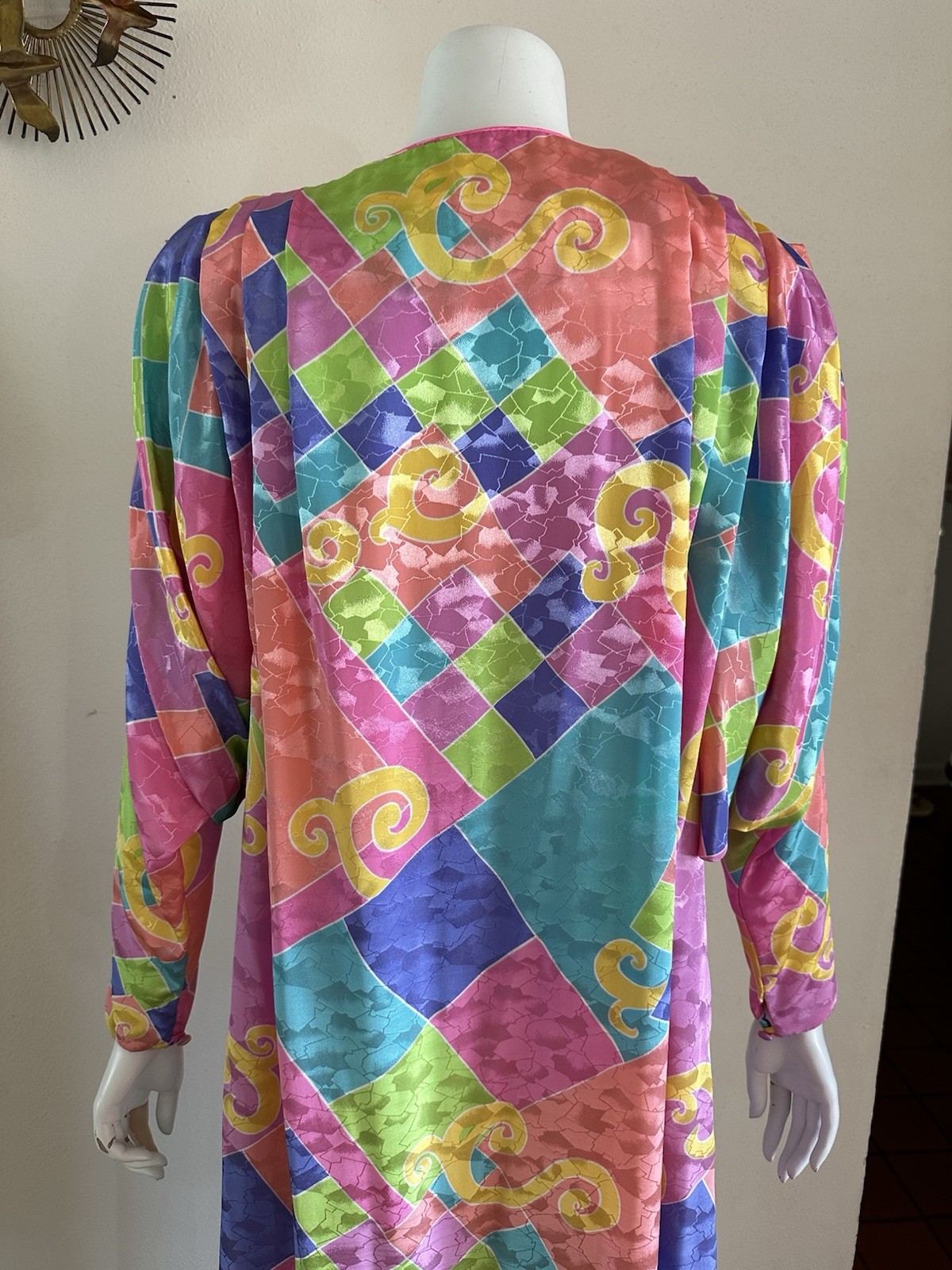 1980s David Brown Brocade Hostess Dress Maxi Resort Geometric Neon Deco Mumu VTG