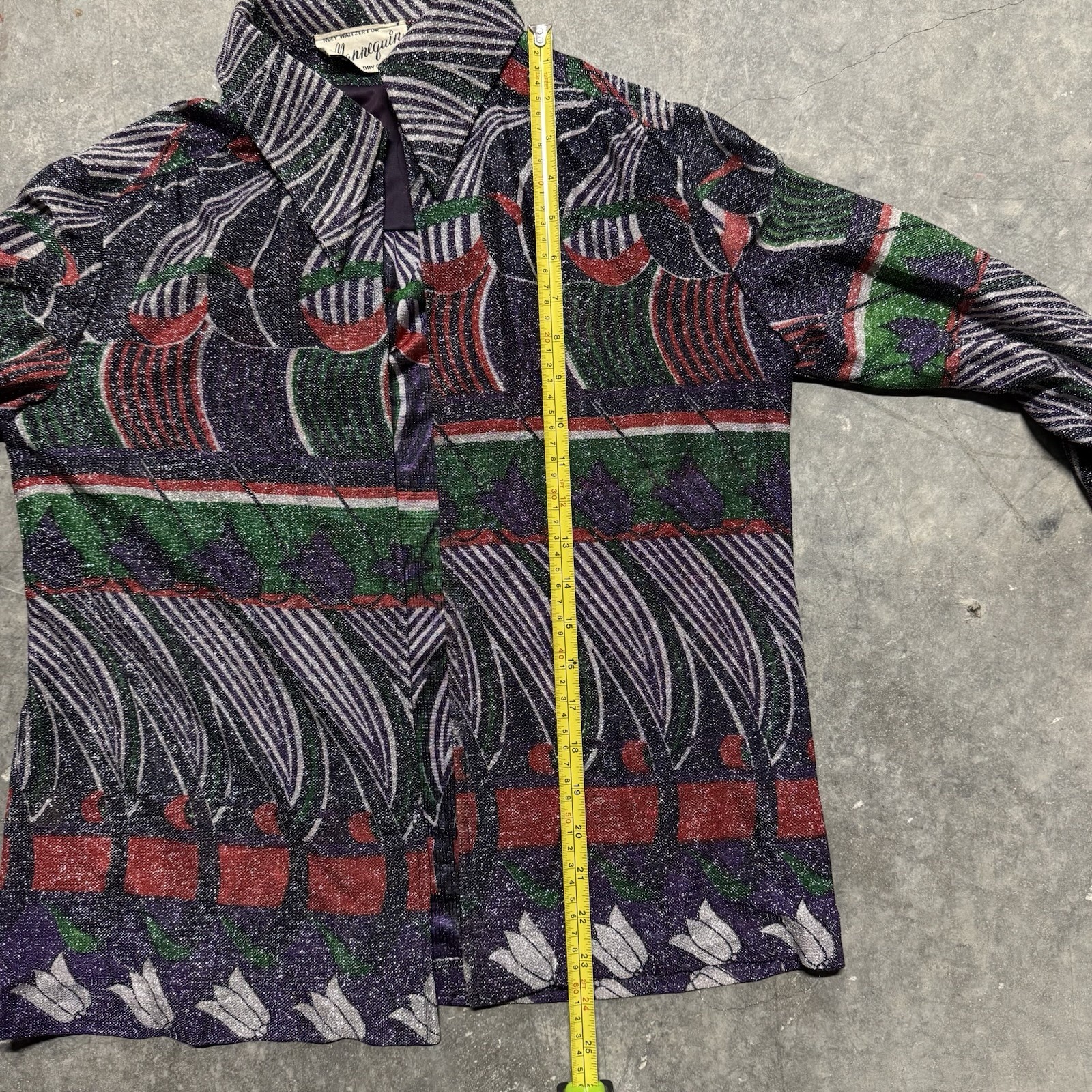Huey Waltzer For Mannequin NWT VTG 70s Open Blouse Shirt Metallic Print Op Art L