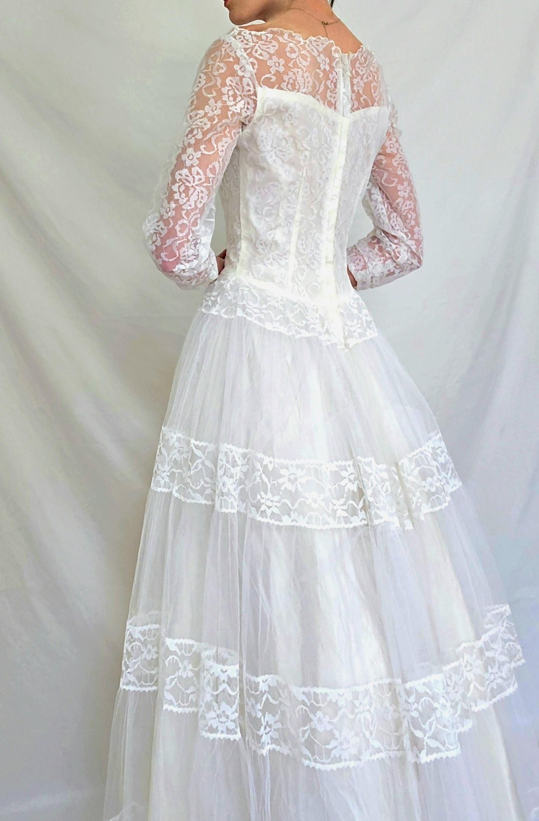 1950s Tea Length Wedding Dress: Vintage Tulle and Lace Bridal Gown, S