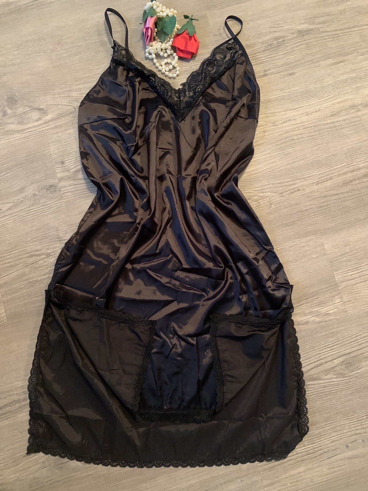 SATIN NIGHTGOWN ~Full Slip ~Negligee ~Lace Trim~Glossy Black Nightdress~Sz M