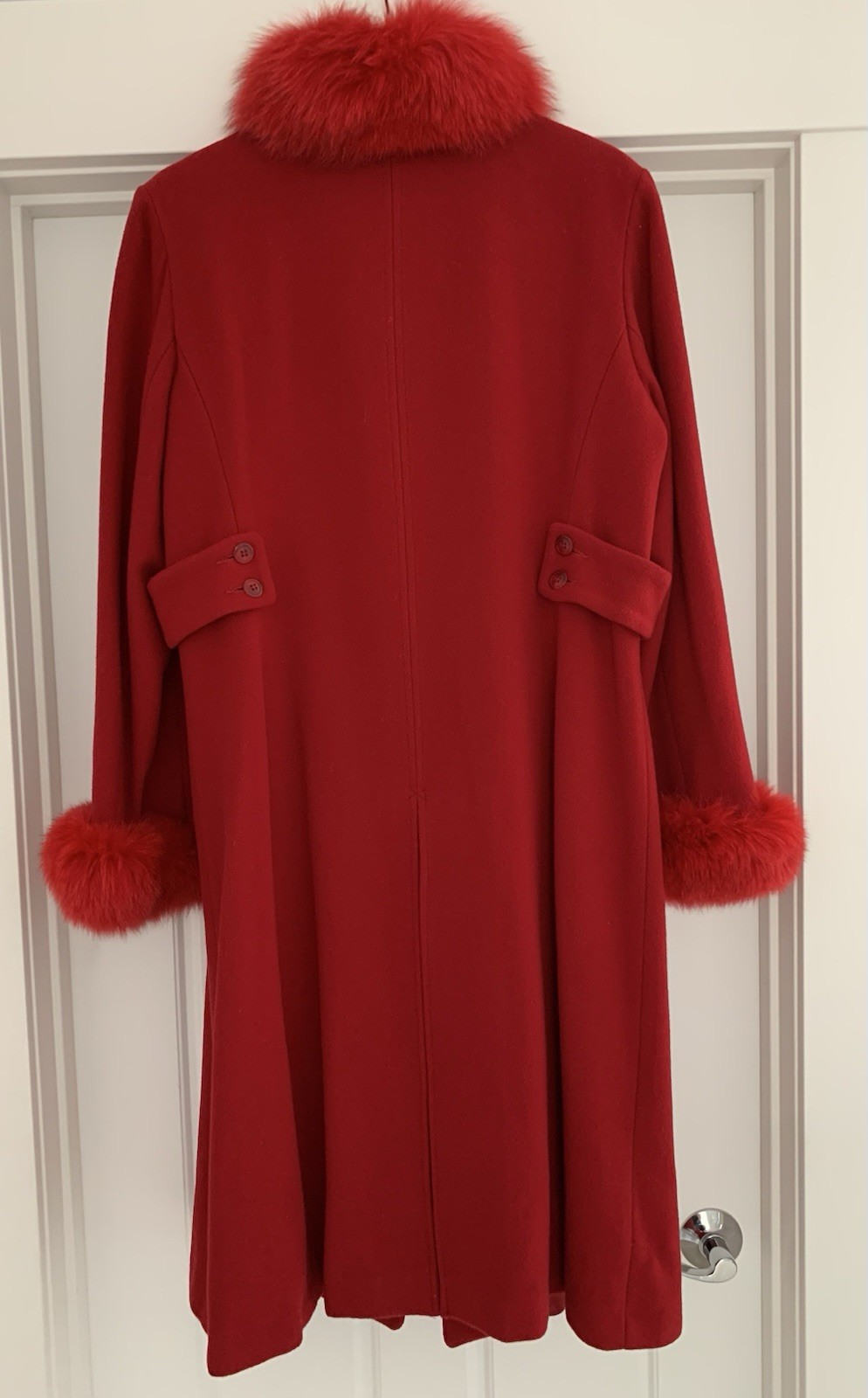 Vtg Classic Marvin Richards Wool Coat, Fox Fur Trim, Red Sz 16 USA