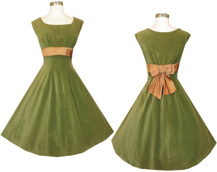 Olive Green Velveteen Vintage 50s Ball Gown Dress with Golden Bow Sash