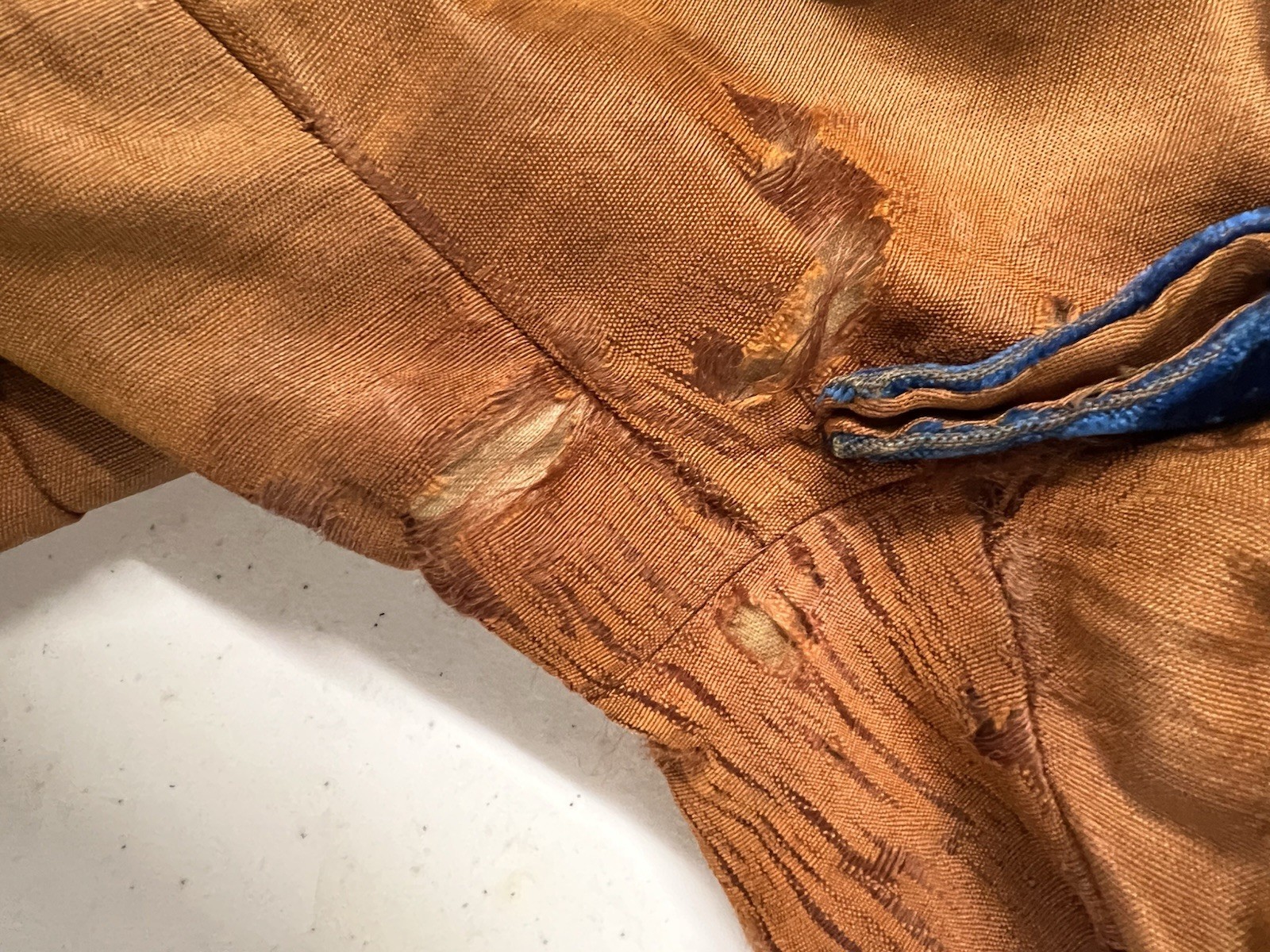 1870’s Copper Silk & Turquoise Velvet Bustle Day Dress