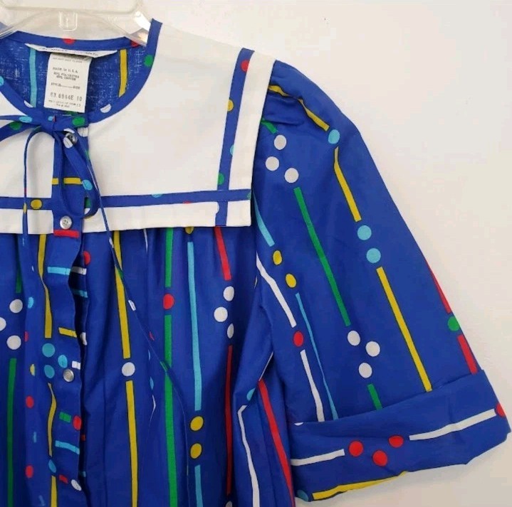 Vtg Models Coat Sz 10 Blue Multicolor House Dress Sailor Collar Snap Front NEW
