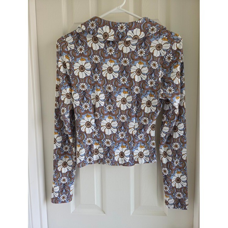 Maeve Anthropologie Retro 70s Floral Ruched Button Down Top Blouse Brown Blue S