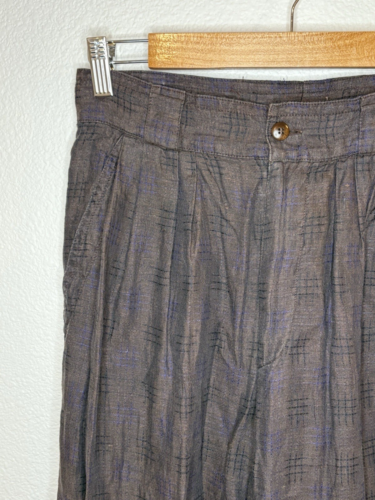 Vintage Gianni Versace Brown Blue Windowpane Pants Italy 25 High Rise Pleated