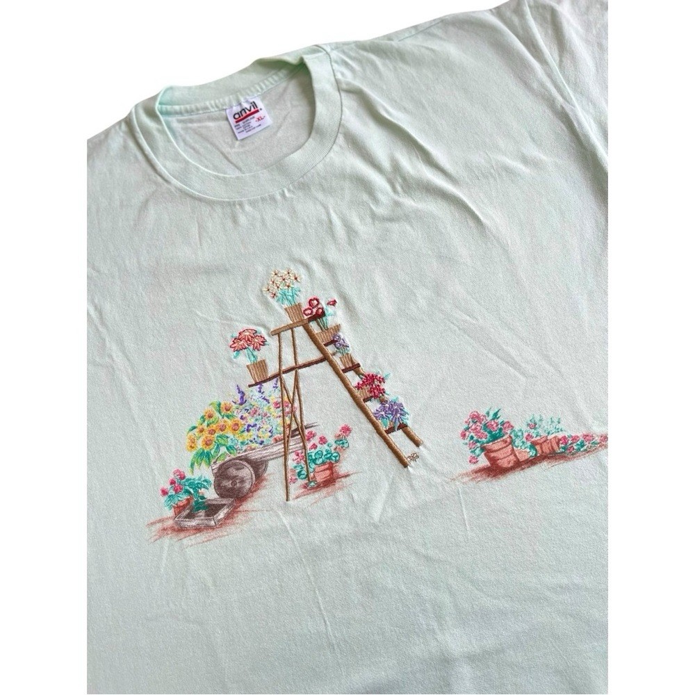 Vintage Anvil Pastel Mint Green Cotton Embroidered Flowers Tee T-Shirt XL