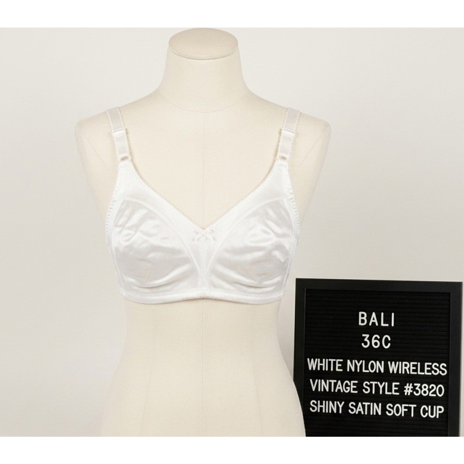 36C White Nylon Wireless Vintage BALI Bra #3820 Shiny Satin Soft Cup