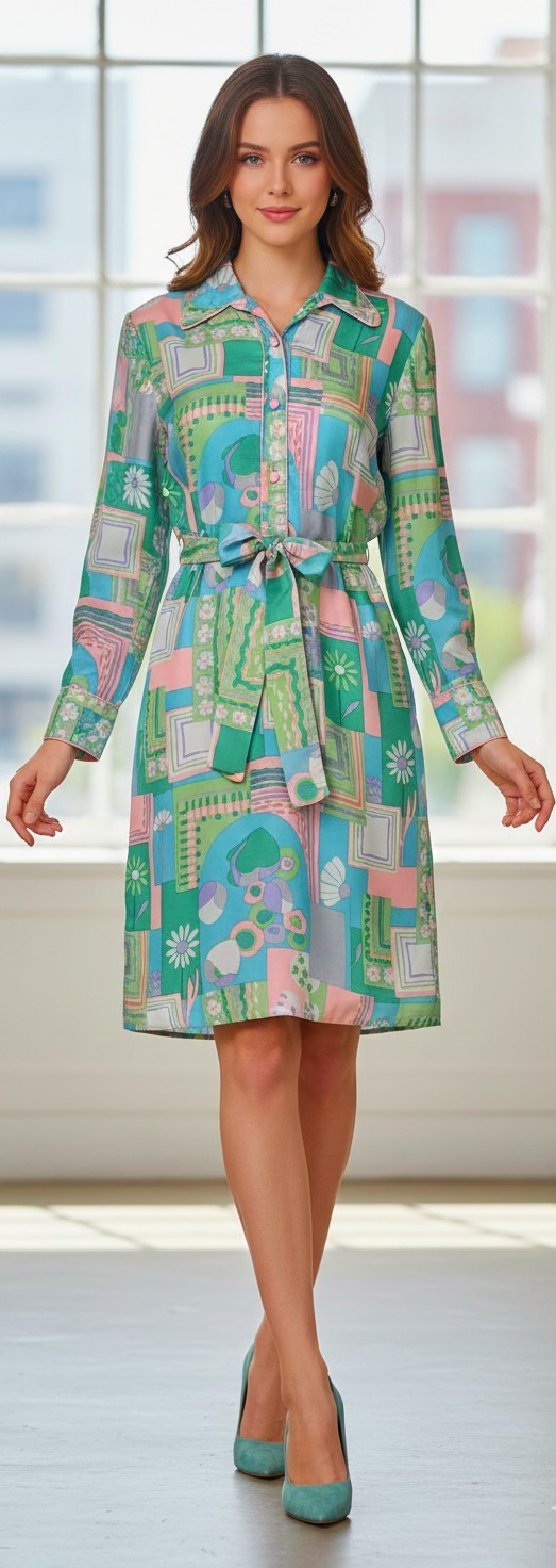 Vintage 70&rsquo;s Silk MOD Psychedelic Shirt Dress Colony Classics Hong Kong Belt M