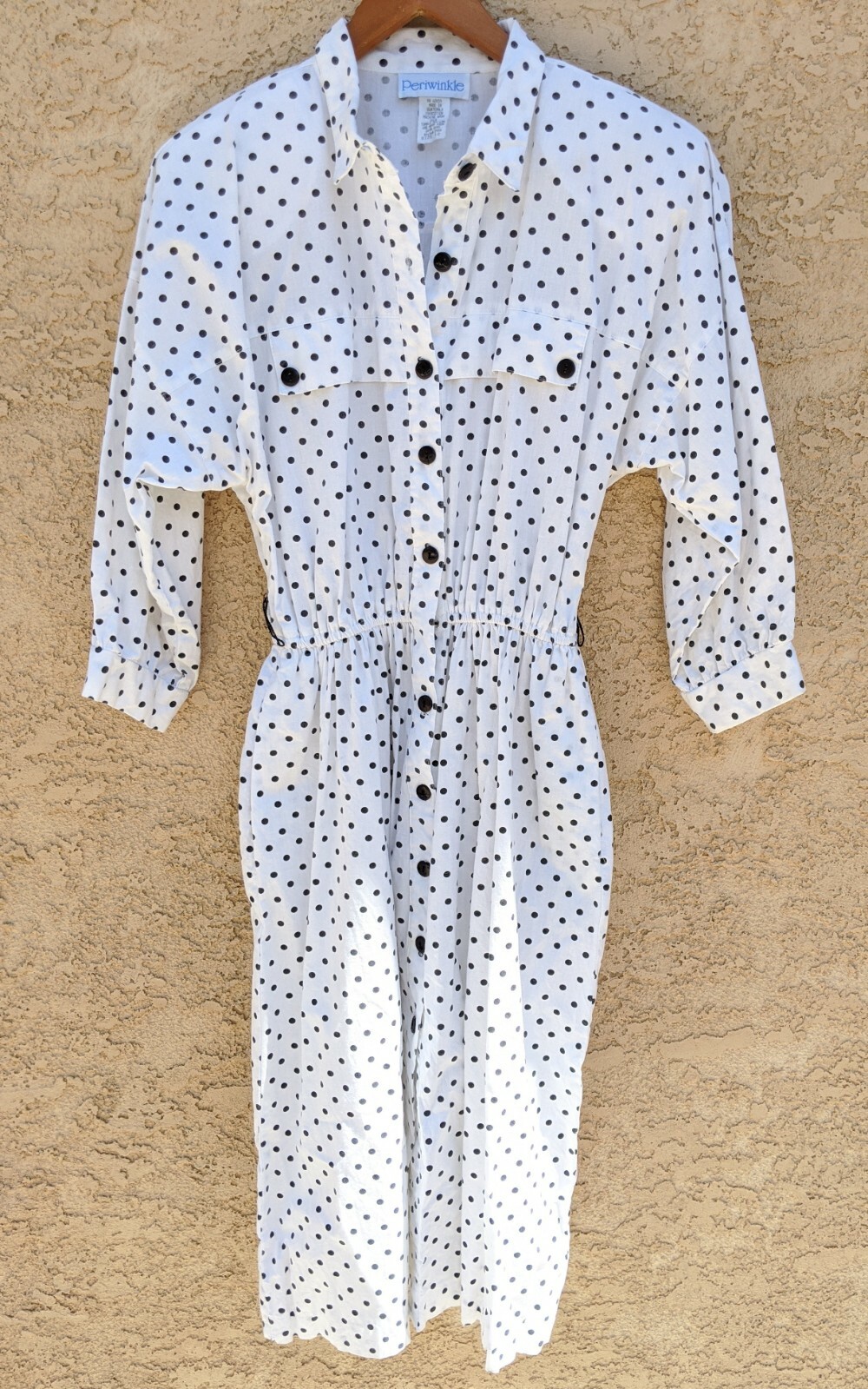 Vintage Polka Dot Shirt Dress 100% Cotton White Black Summer Spring Size 12
