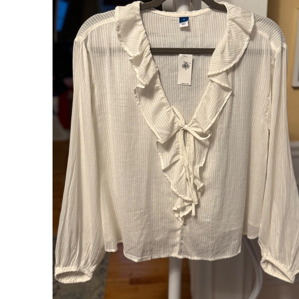 Old Navy Womens White Ruffle Tie-Front V-Neck Striped Blouse Size S NWT Boho