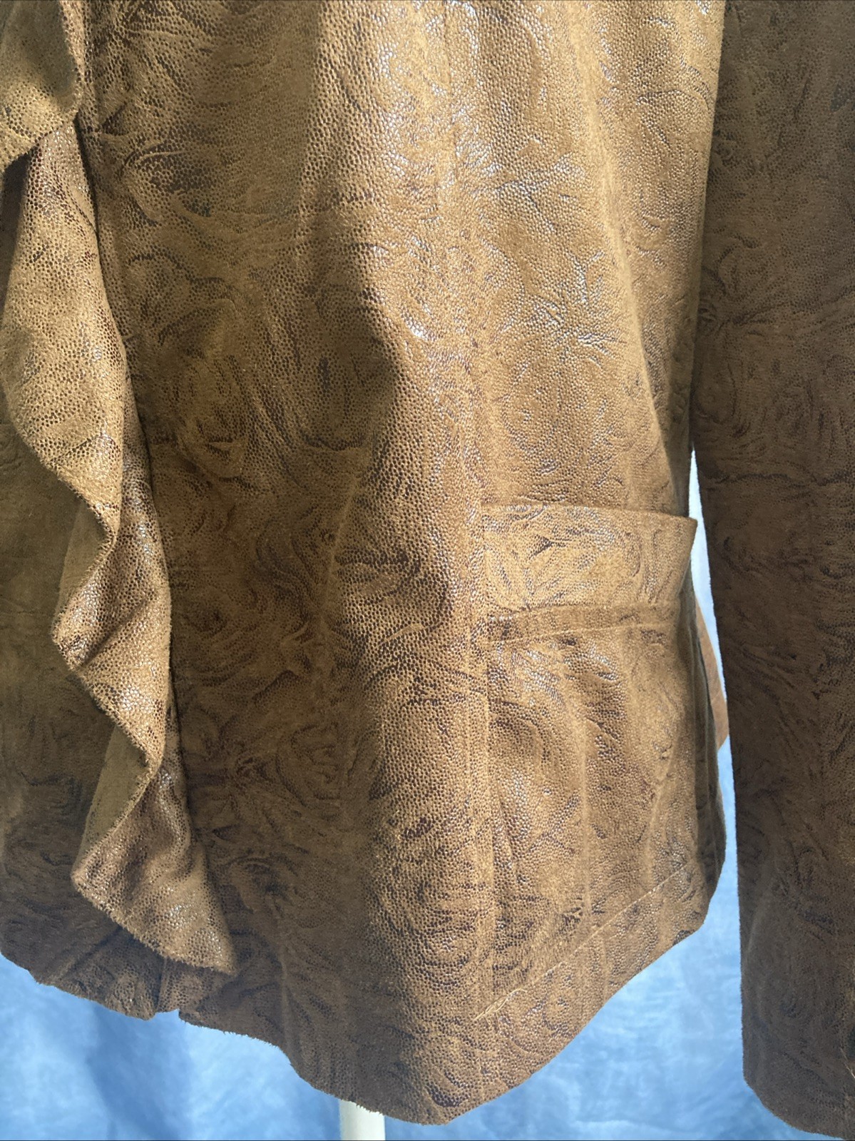 Elementz Brown Faux Suede Ruffle Front Jacket Size M EUC Vintage Y2K MFLJ0128
