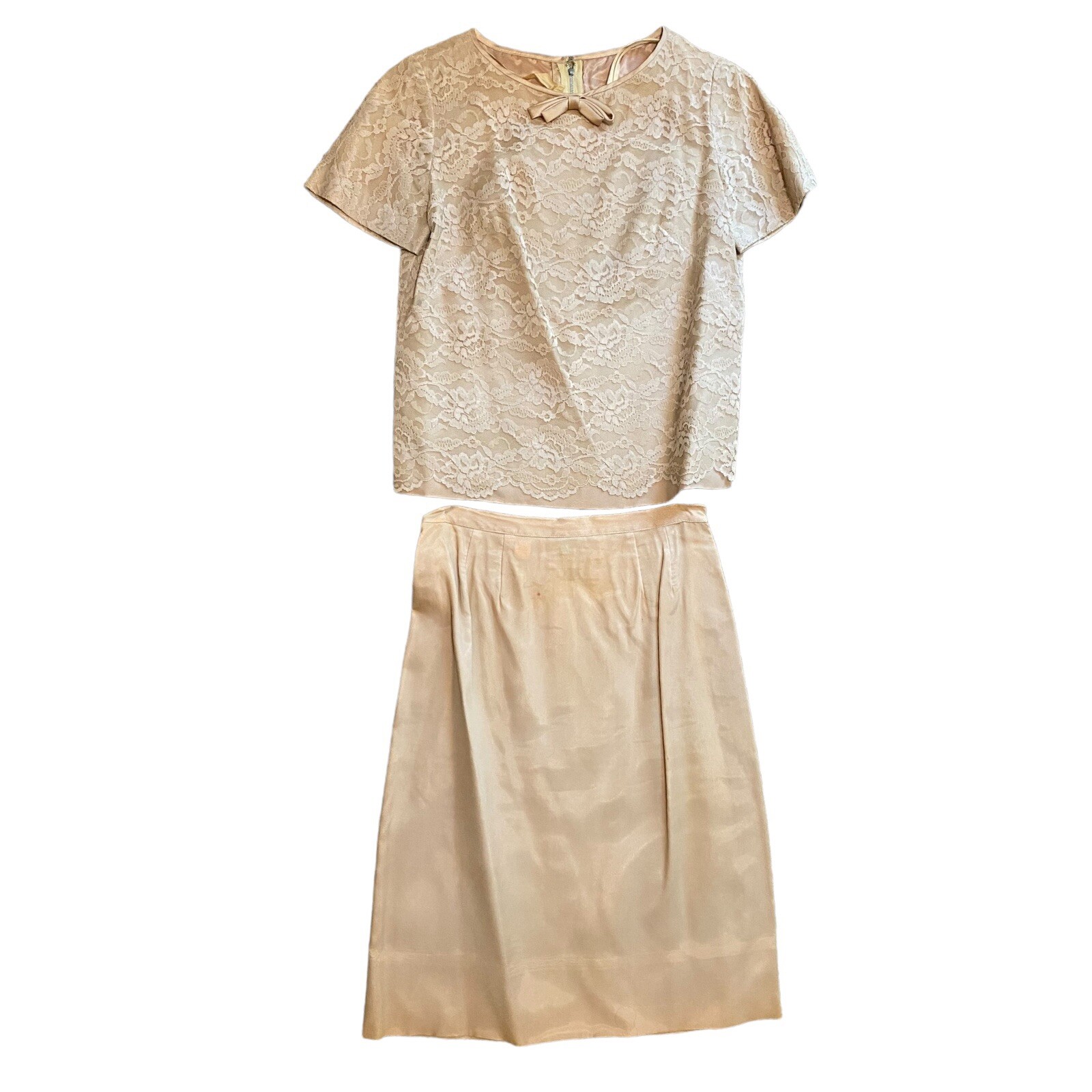 Vintage 60s 70s L&rsquo;Aiglon Floral Lace Overlay Bow Top A Line Skirt Beige Size 14