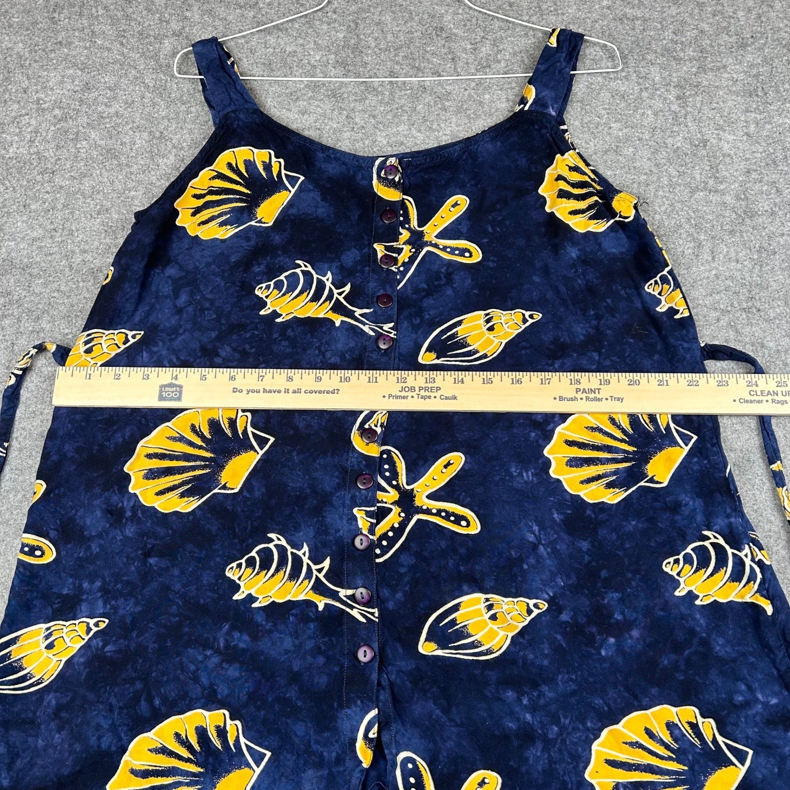 EUC VTG 24 Karat Navy Blue Shell Coastal Beach Batik Fringed Rayon Mini Dress OS