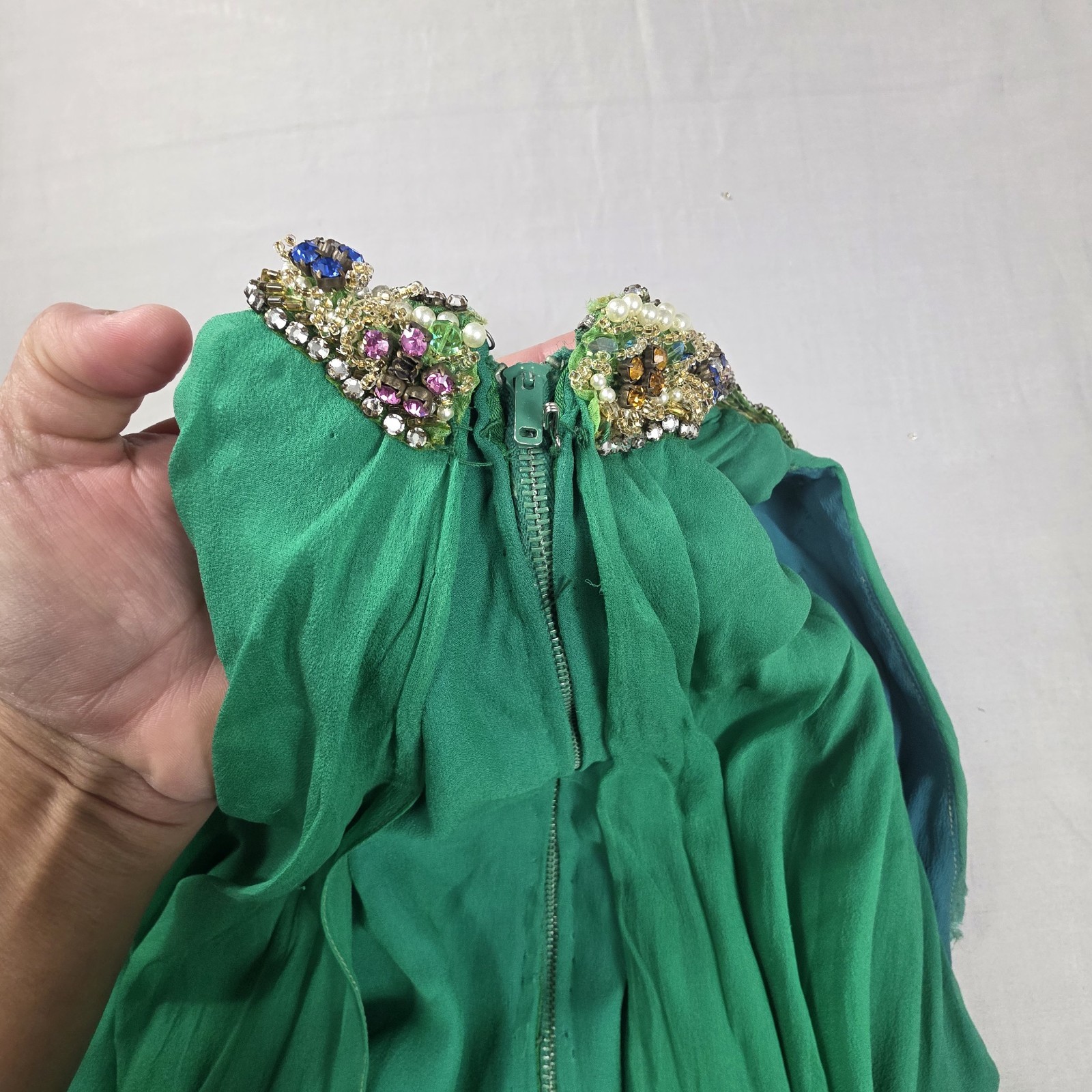 VTG John Doyle Bishop Seattle Beaded Silk Chiffon Gown Green Avant Garde Read