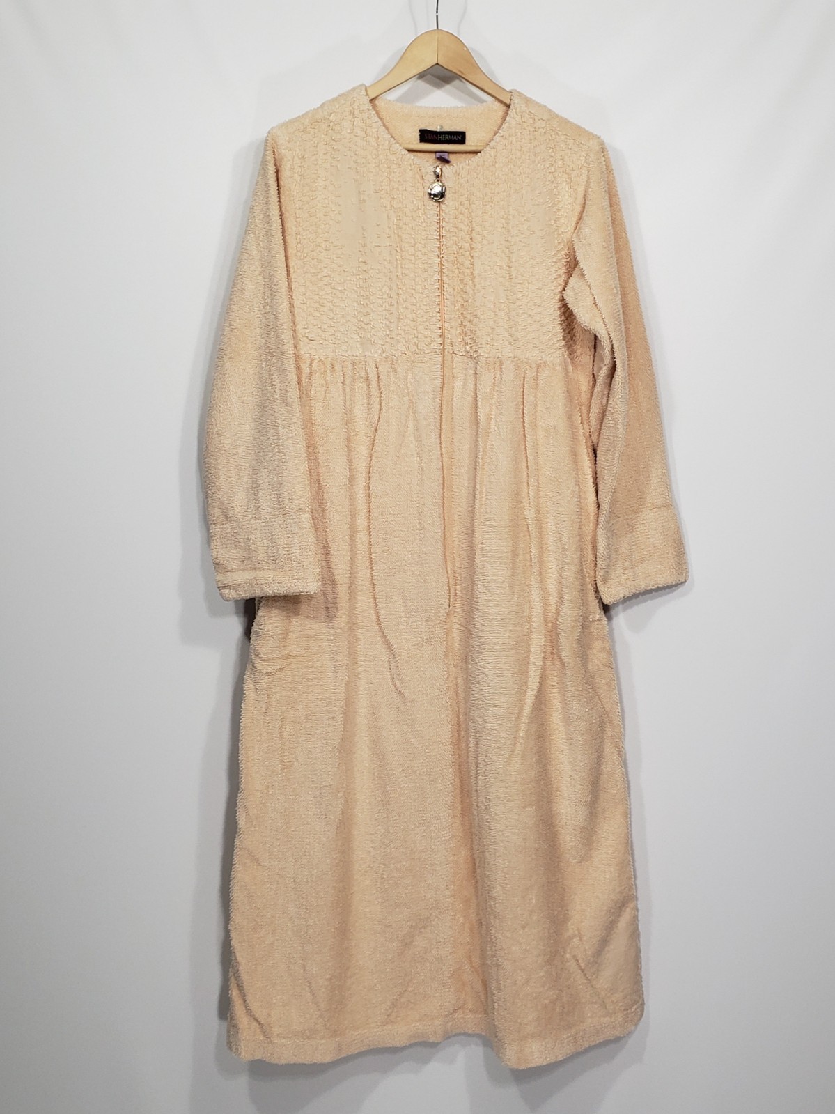 Vintage Stam Herman Peach Beige Chenille Zip Front Robe Medium