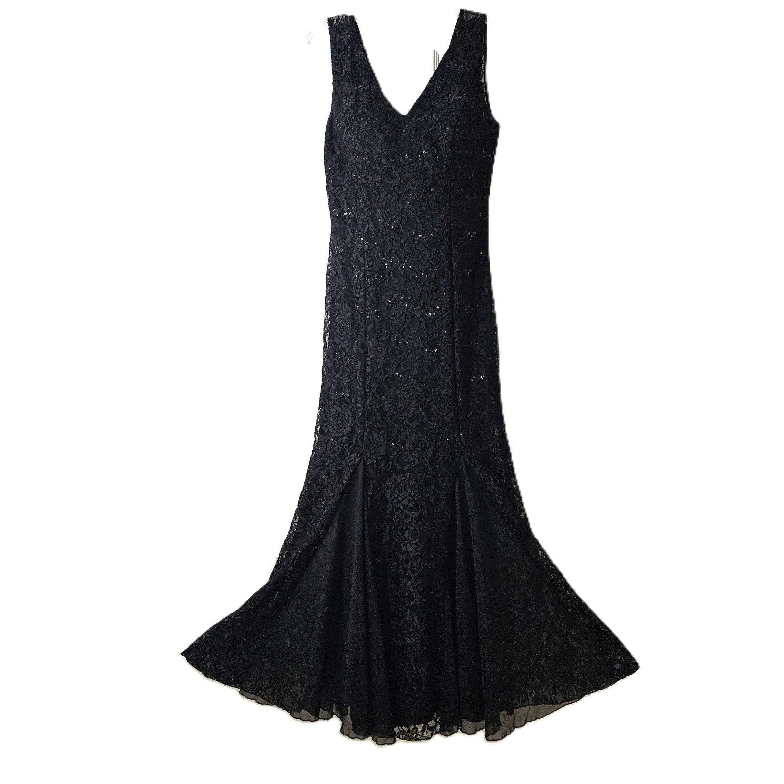 Vintage Black Sequin Lace Mermaid Gown Large Y2K Coquette After Dark Formal Goth