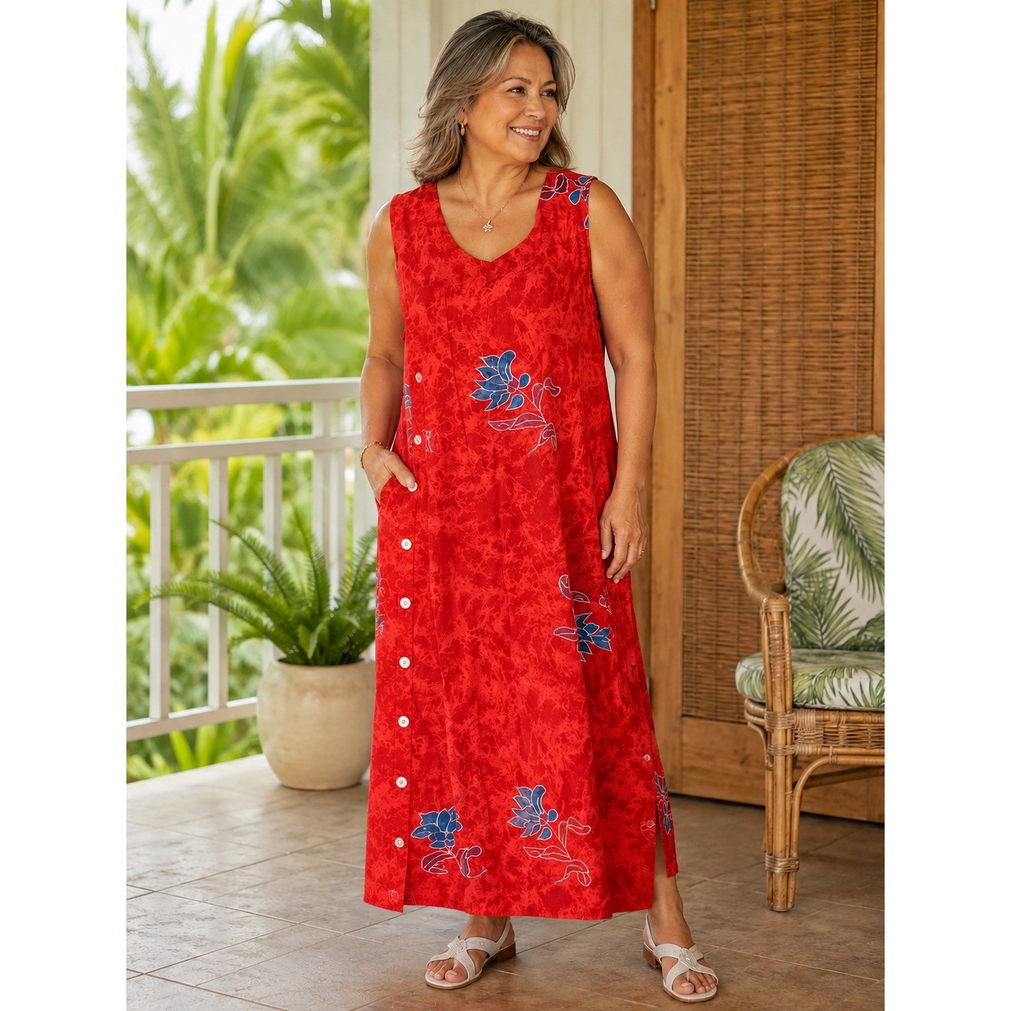 Vintage Hilo Hattie Hawaiian Muumuu Maxi Dress XL Red Blue Floral Aloha Maxi