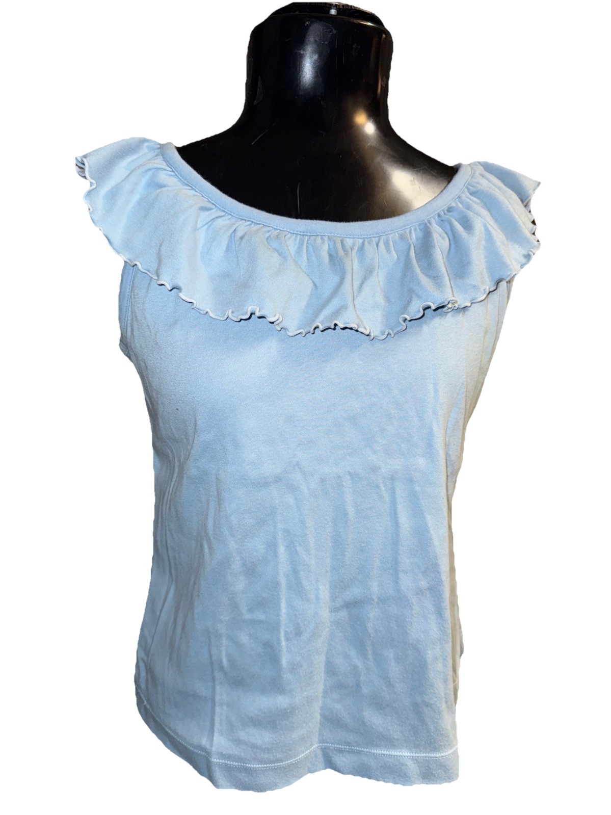 Sears Vintage 70s The Cotton Top Women&rsquo;s MEDIUM Blue Boat Neck Ruffle USA 100%