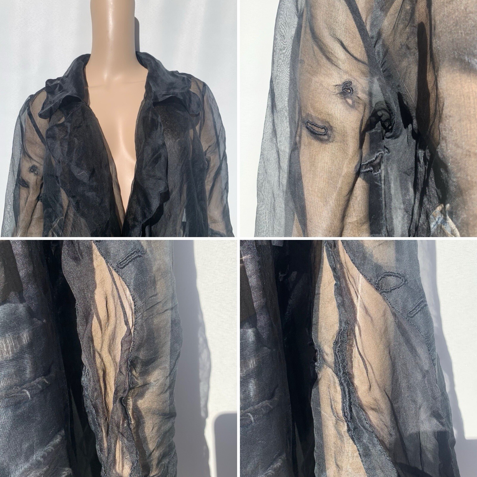 Repaired Vintage Designer Elan Vitale Avant Garde Sheer Black Rayon Duster Coat