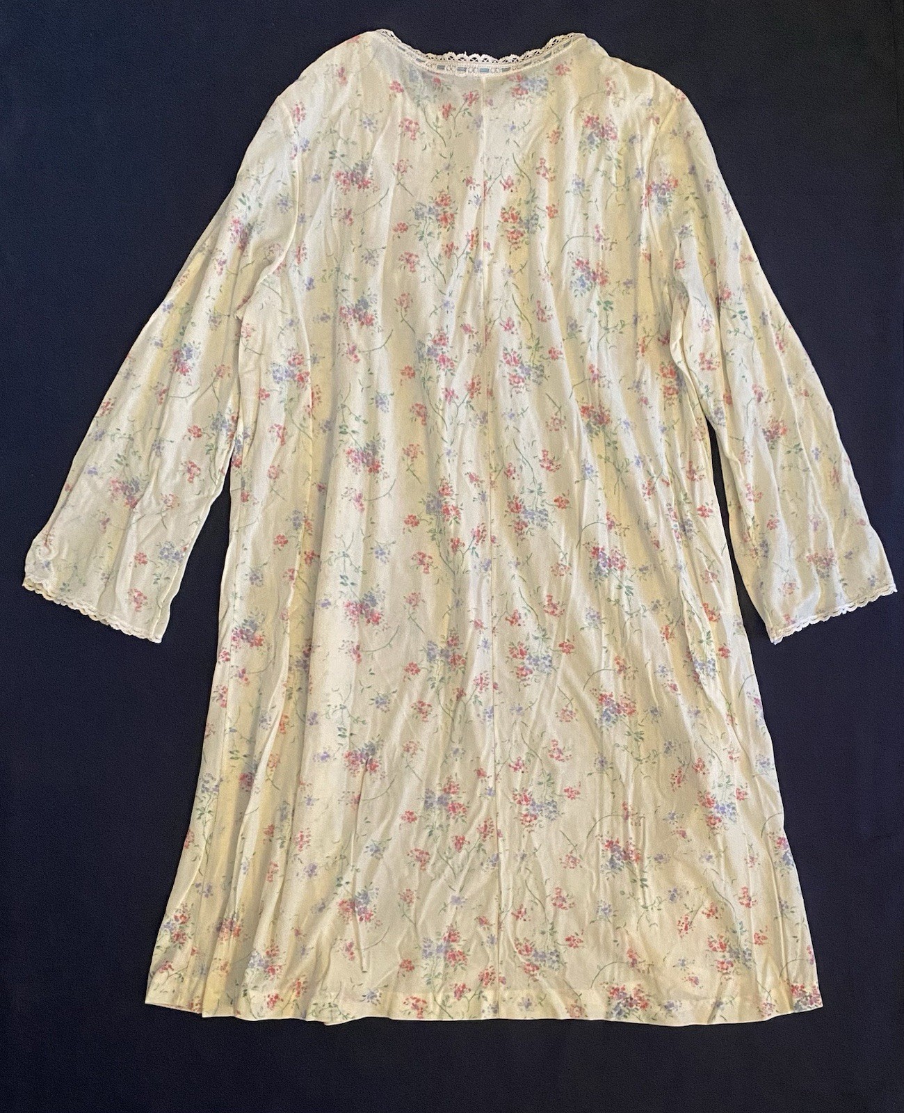 Vintage Miss Elaine Short Floral Nightgown Cotton Lace Long Sleeve Nightie Sz M