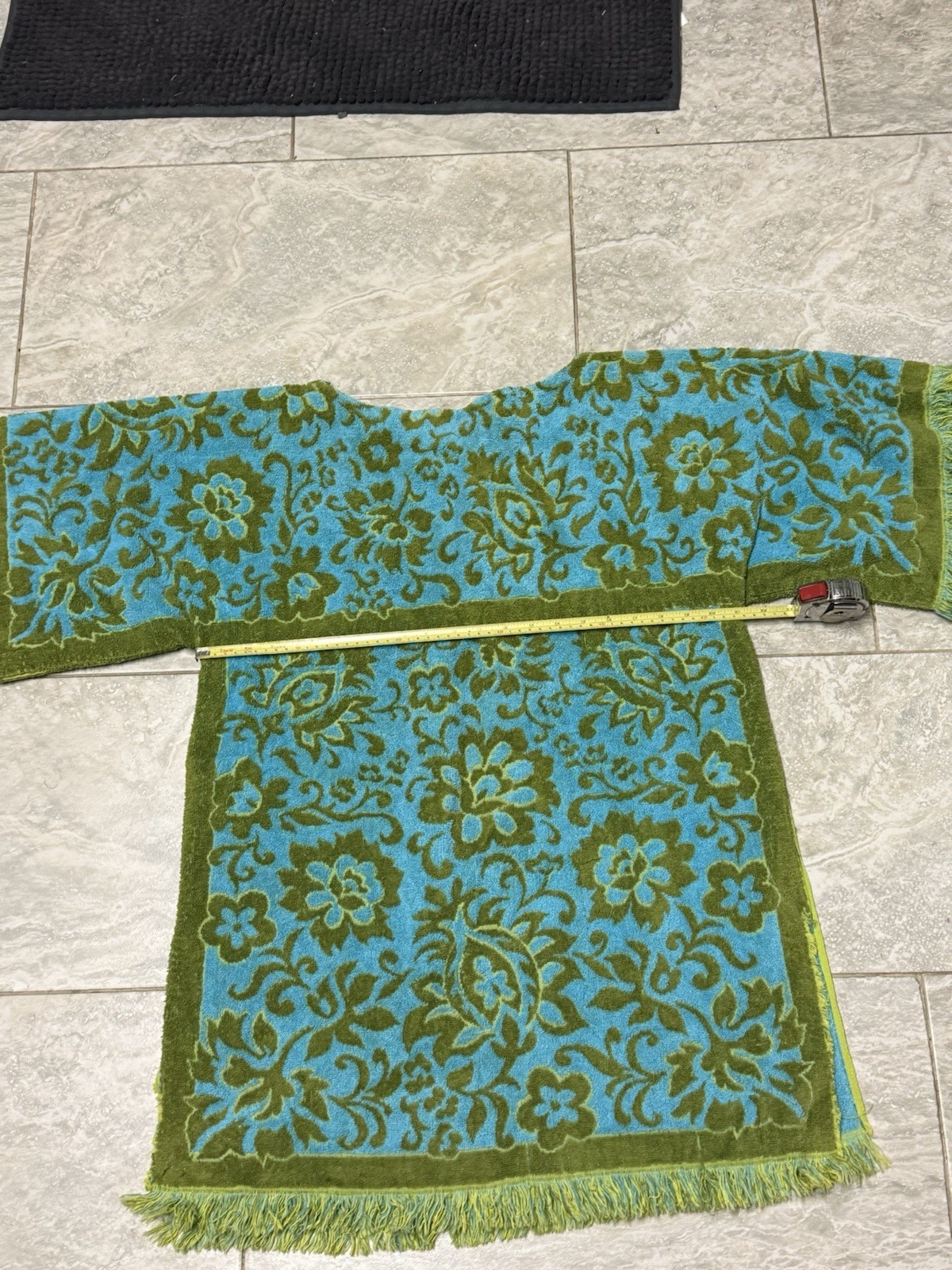 Vintage Green Blue Cover-Up Fringe Terrycloth Towel Dress Caftan Beach Poolside