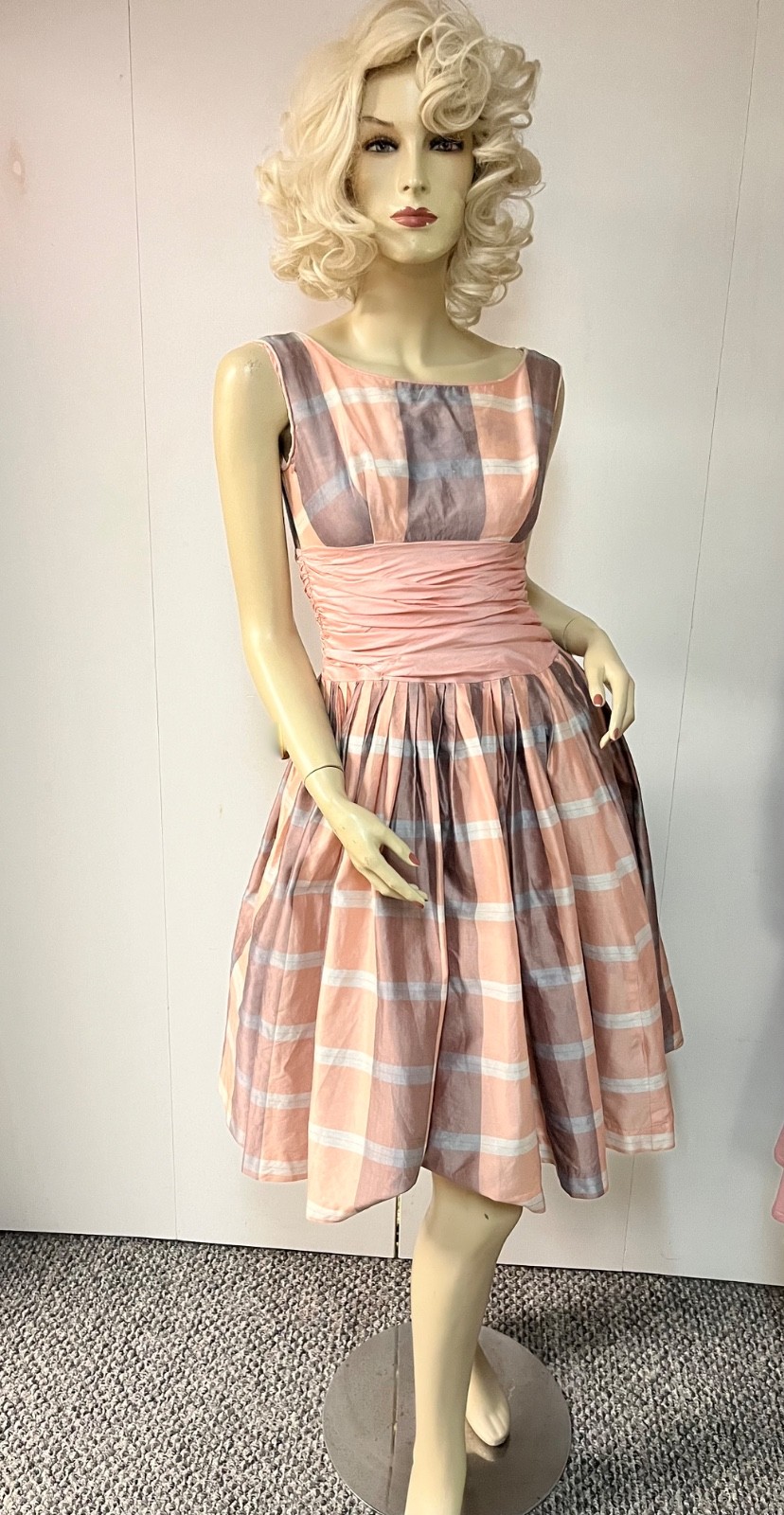 Vintage 1950 Plaid Back Zipper Cummerbund Crinoline Cocktail Party Dress Bust 33