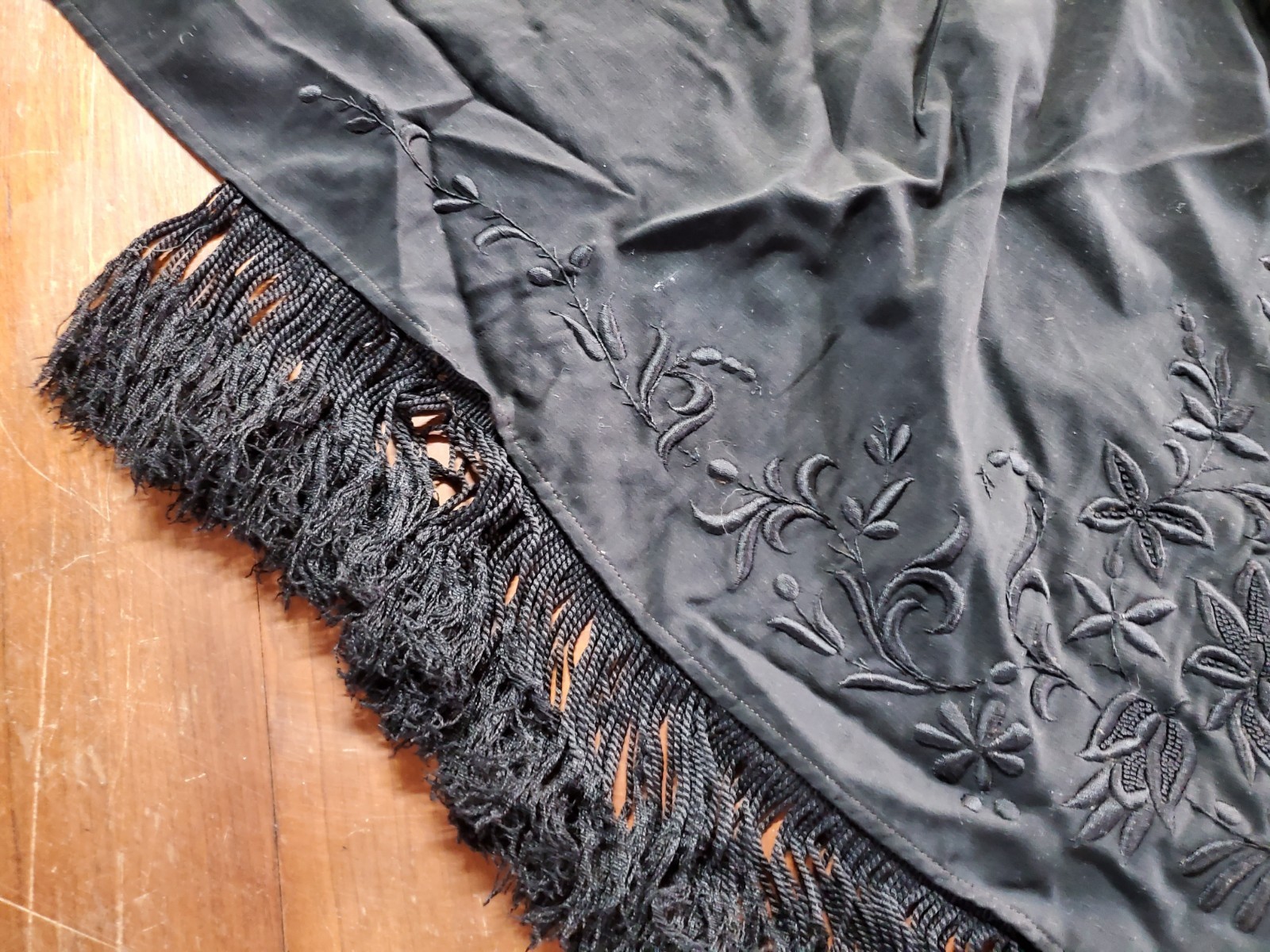 Antique Victorian Mourning Shawl Cape, Embroidered Black with Fringe, Lined