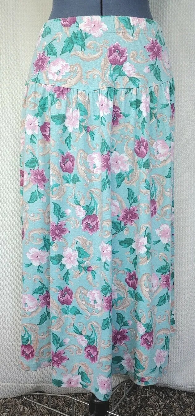 Vintage Beldoch Pepper Mint Green Floral Knit Skirt Size Medium