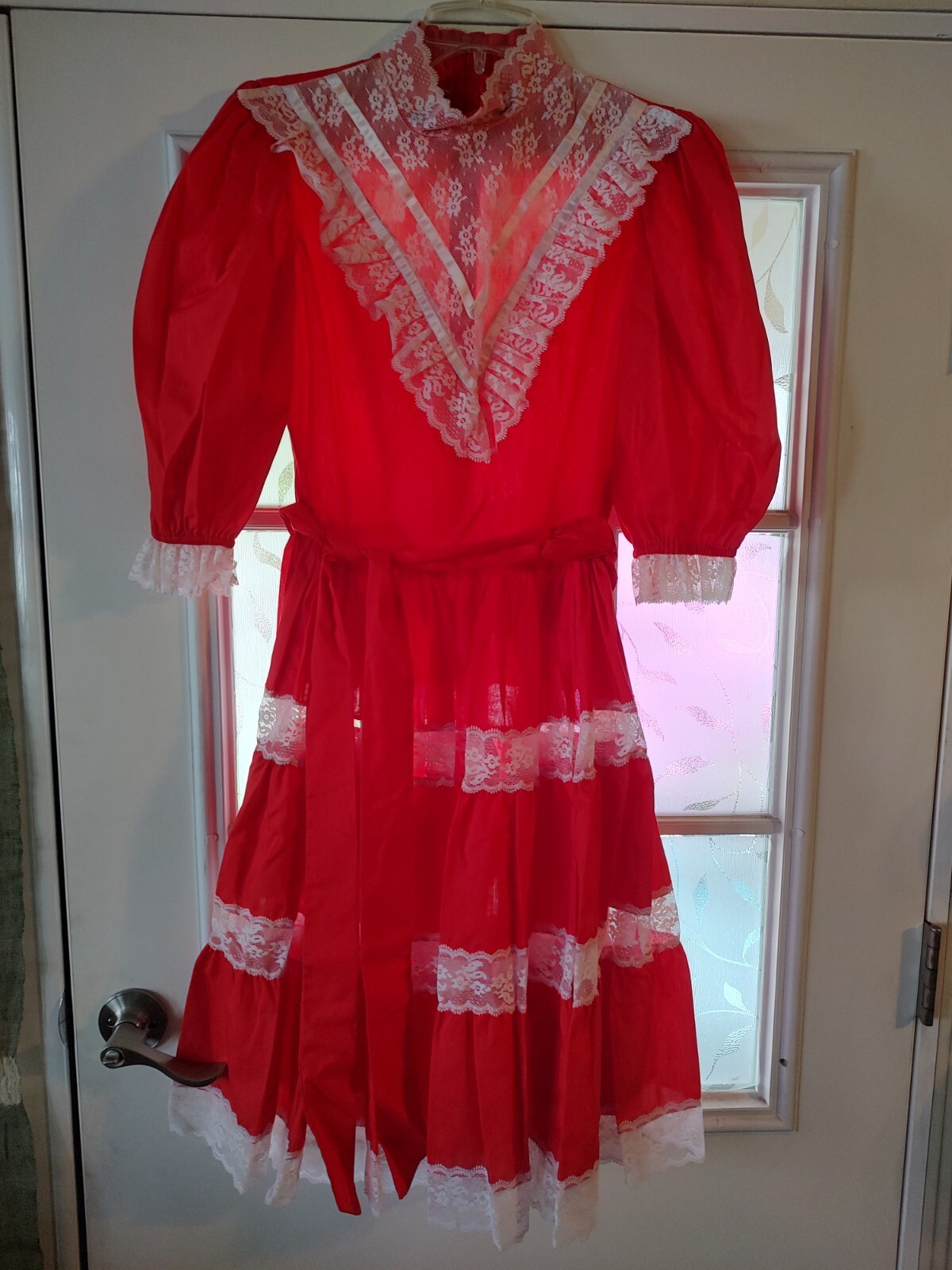 Vintage 70s Romantic Country Folk Dress Red Prairie Trumpet Slv Homespun Midi M