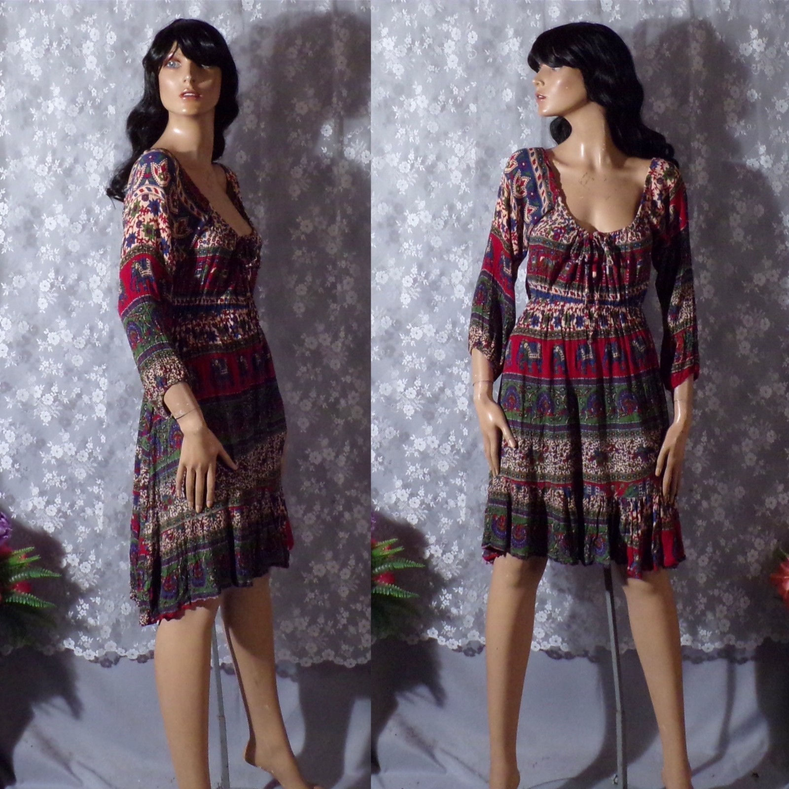 Vintage Boho Mini Dress Size Large 90s Elephant Peacock Hippie Eclectic 1990s