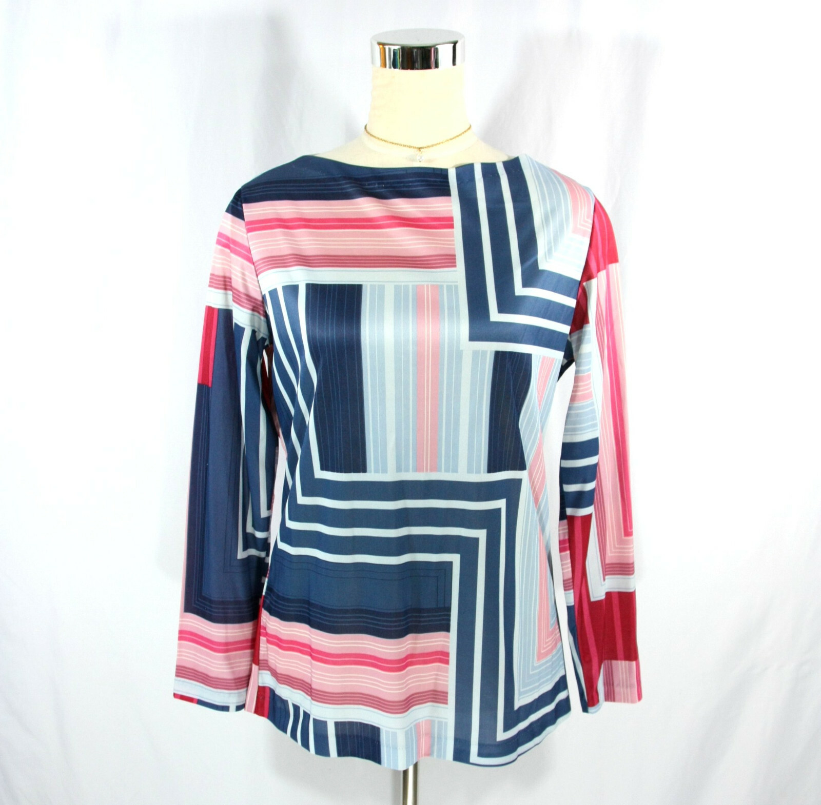 Vintage Lady Blair Abstract Zig Zag Stripes Boat Neck Tunic Top Blue 1970s M