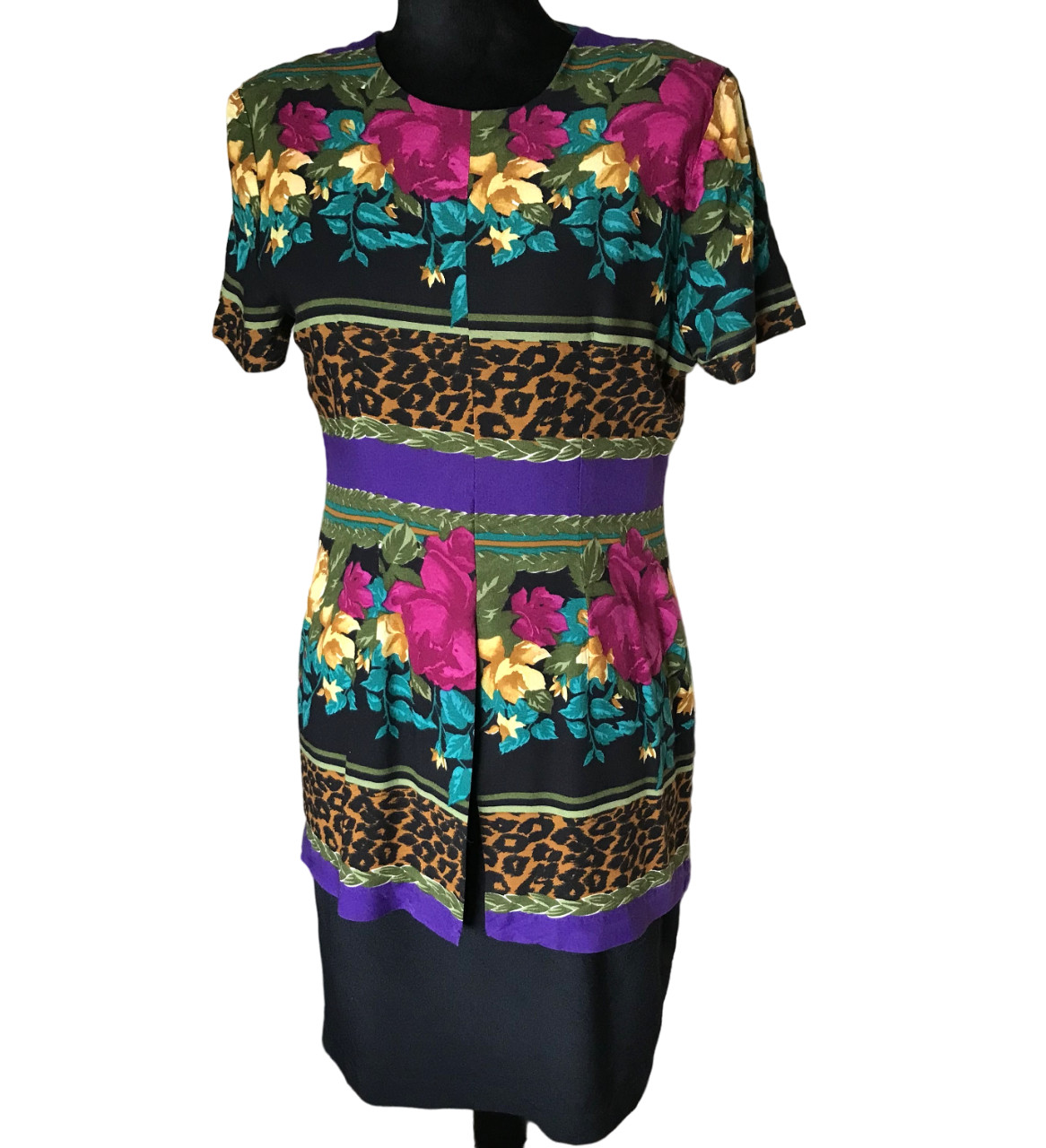 KC Spencer New York Knee-Length Dress Vintage 70s, Floral Leopard Print Size 10