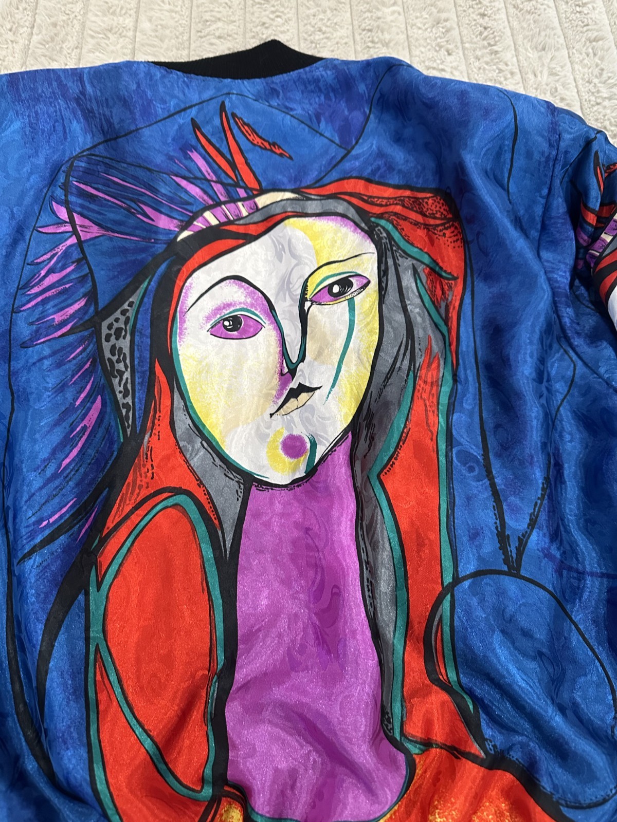 Vintage Picasso Inspired Abstract Art Bomber Jacket Blue Multicolor Korea