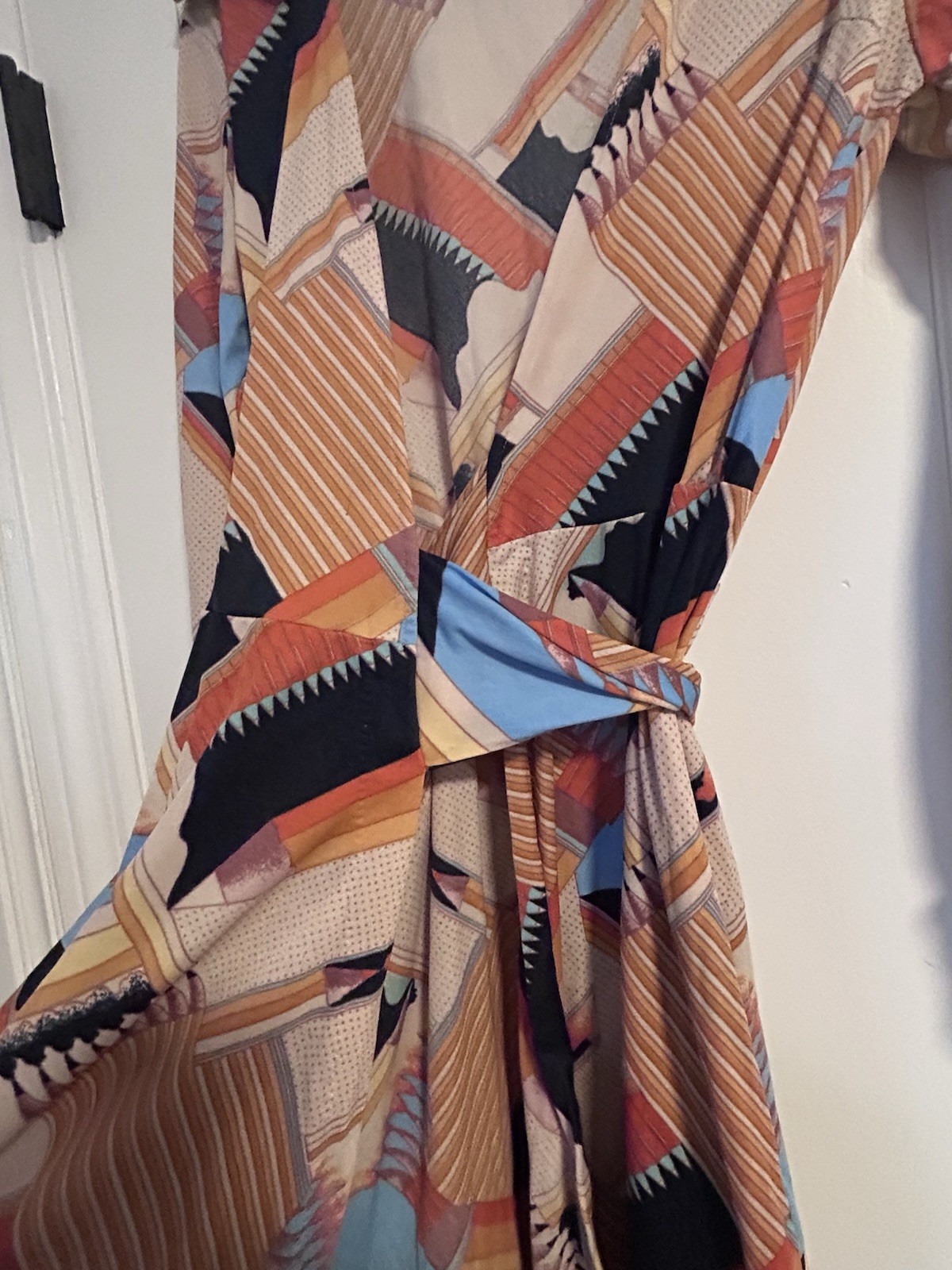 Vintage 70s Huk-A-Poo Wrap Dress Geometric Disco Print XS S Nylon Jersey Mod