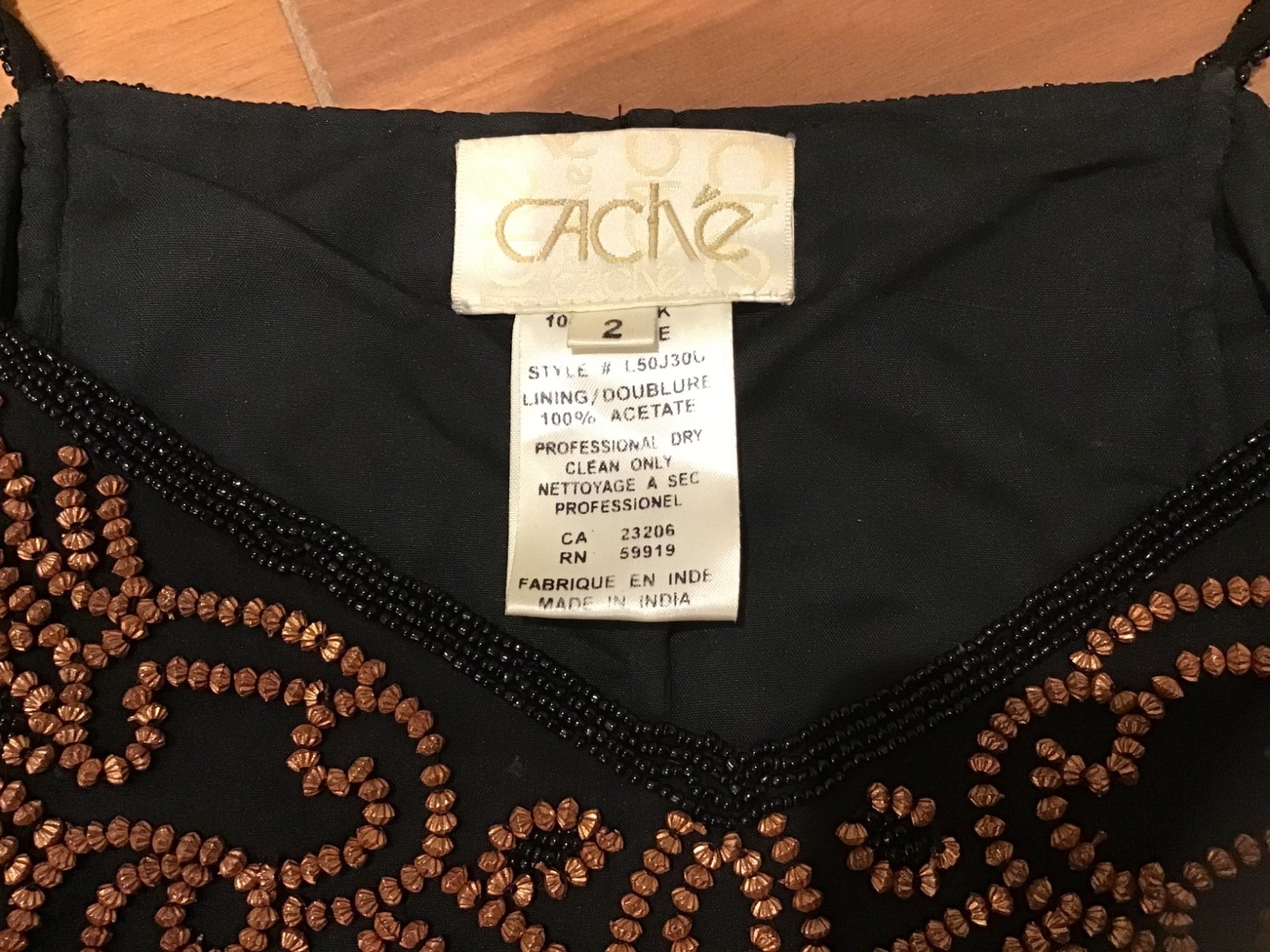 Vintage 90s Cache Black Beaded Cami Top Size 2 Bronze Embellished Boned Corset