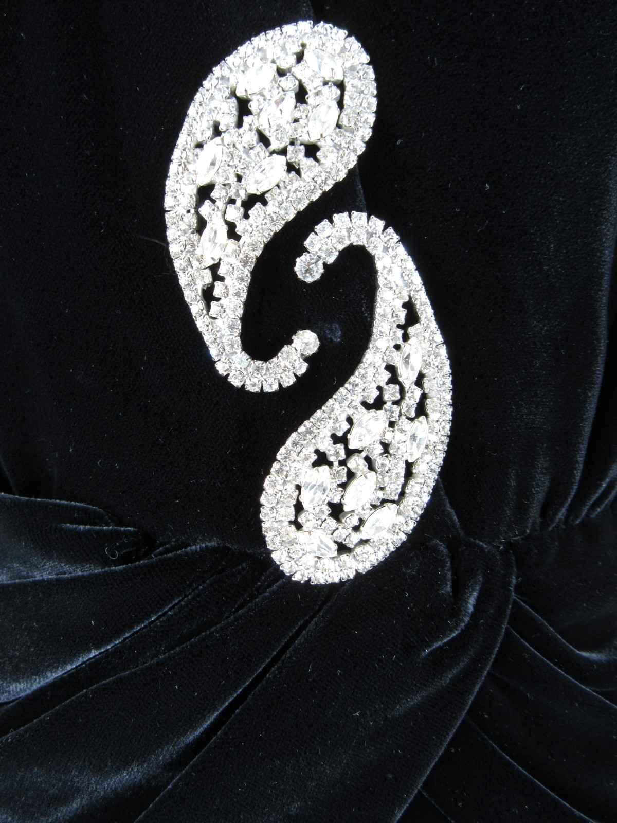 Vintage 80s does 40s Black Velvet Draped Gown Dress Rhinestones Dramatic Med M