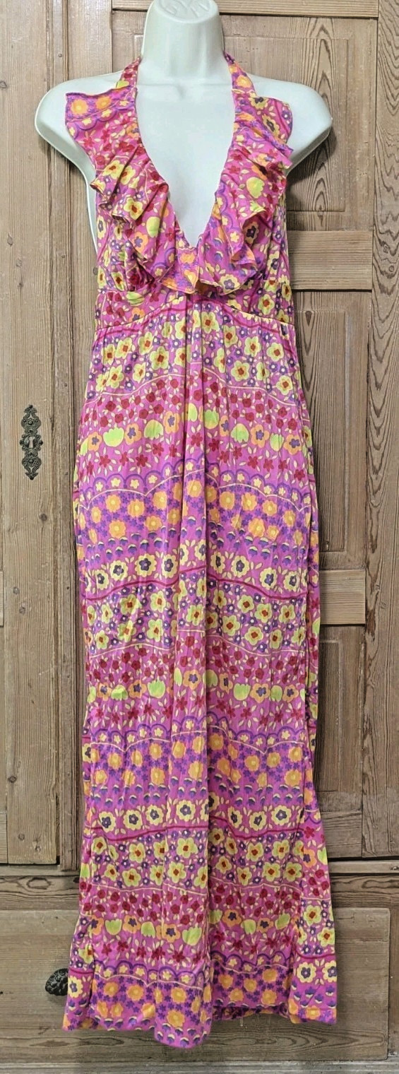 Vintage 1960&rsquo;s Joseph Magnin Flower Power Mod Halter Maxi Dress Sz Small Nylon