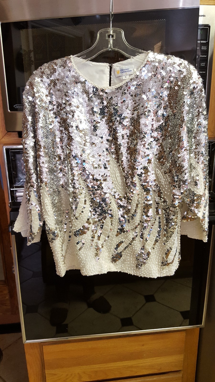 Vintage SILK Sweater Dolman Sleeves TONS SILVER SEQUINS Faux PEARLS S/M BEAUTY!