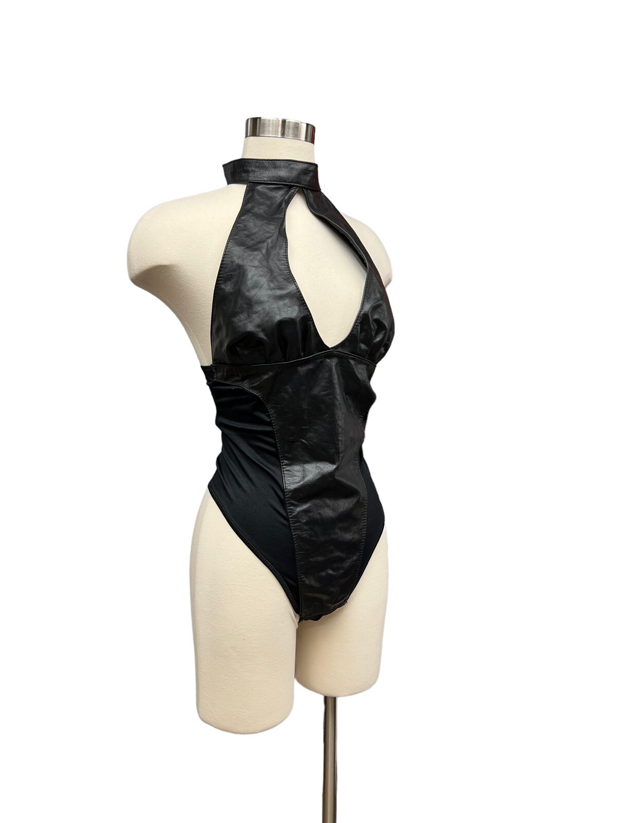 Vintage Bordello Leather Bodysuit Thong Teddy Choker Sexy Cut Out Tag Size XL