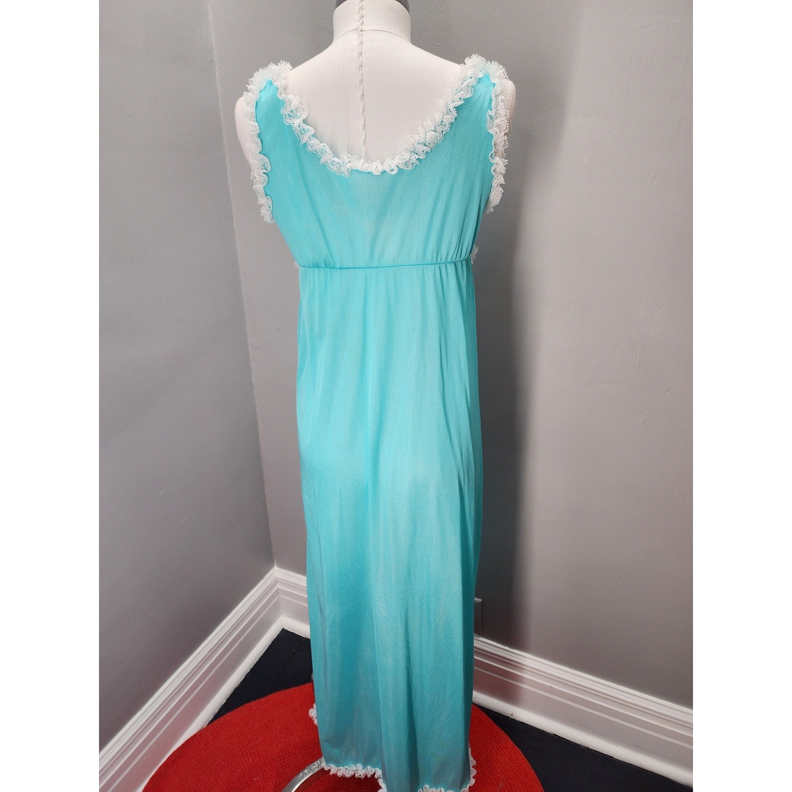 80s Robin Egg Blue Nylon Lace Column Gown Made in USA – M